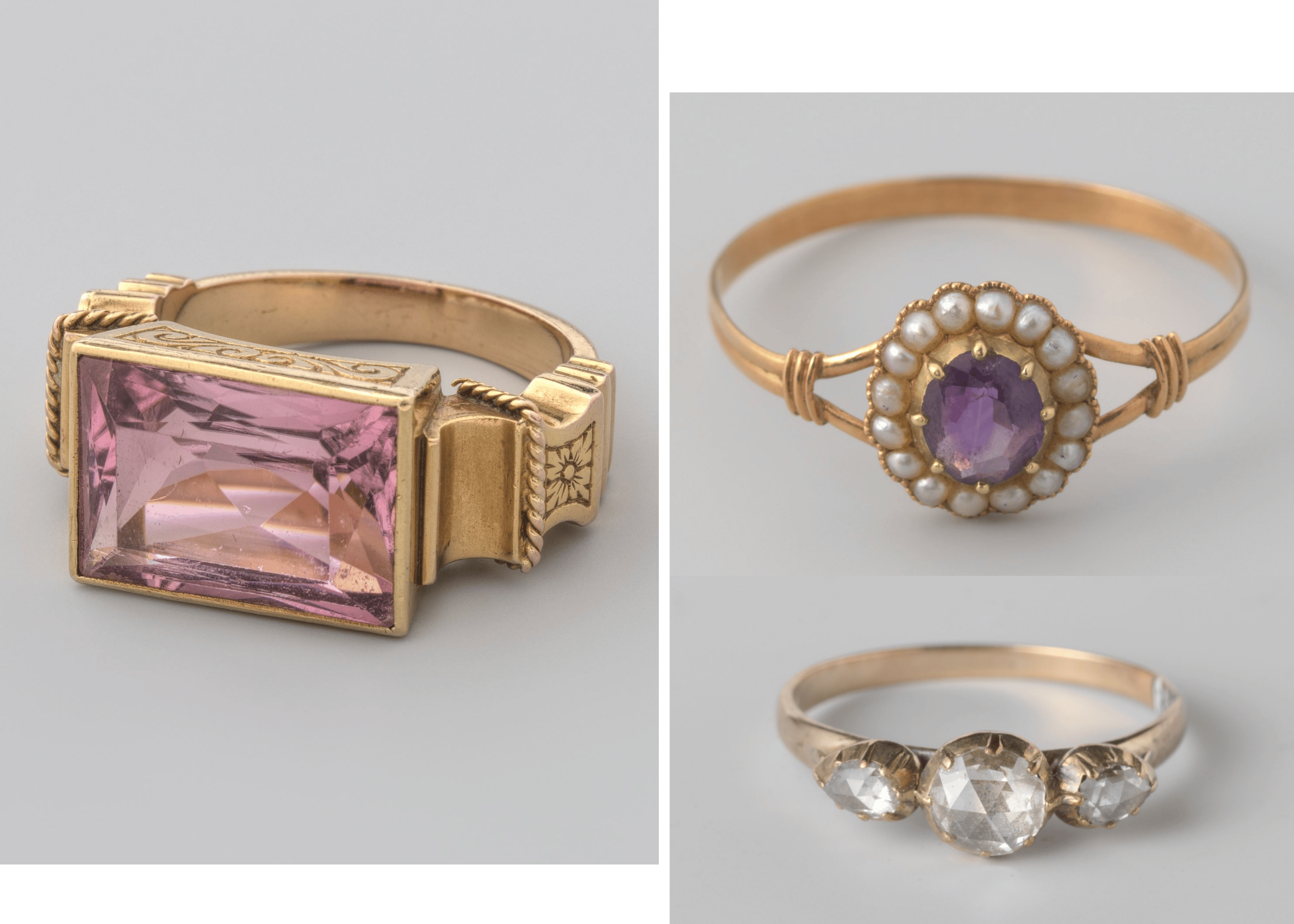 Examples of eighteenth and nineteenth century rings with different gemstones and diamonds.