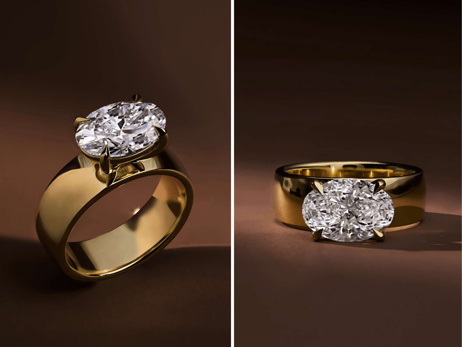 Chunky yellow gold engagement ring with oval diamond.