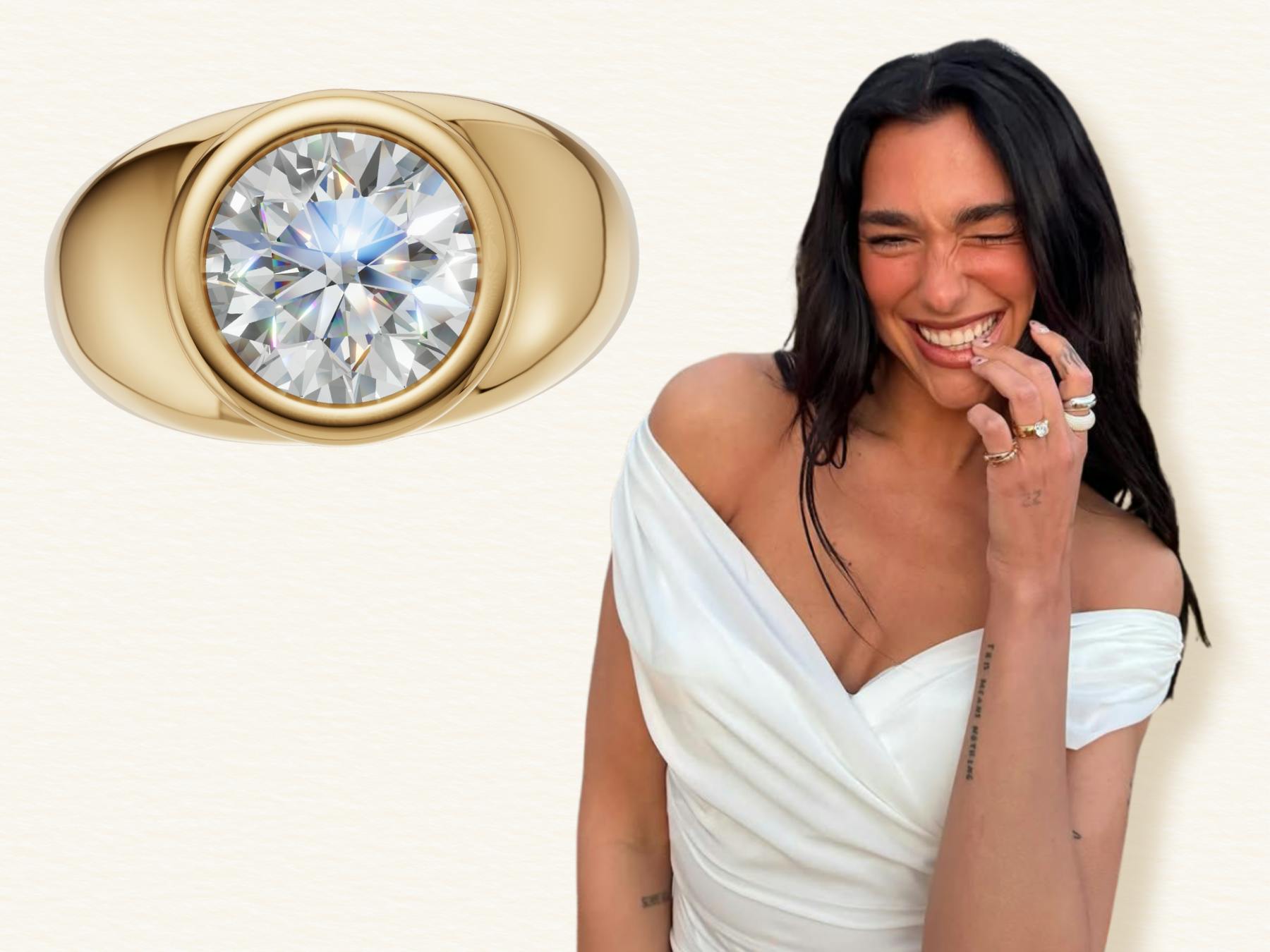 Dua Lipa pictured smiling in an off-shoulder white dress, alongside a bold, chunky yellow gold engagement ring with a rubover-set round diamond – reflecting her playful, modern style and driving interest in cigar-band style rings.