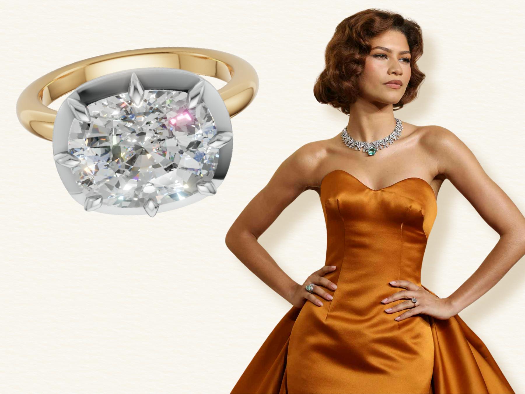 Zendaya wearing a copper-toned gown and statement necklace, pictured alongside her mixed-metal engagement ring with an east-west set cushion diamond in a Georgian-inspired rubover setting – a refined, low-profile design influencing bespoke trends for 2026.