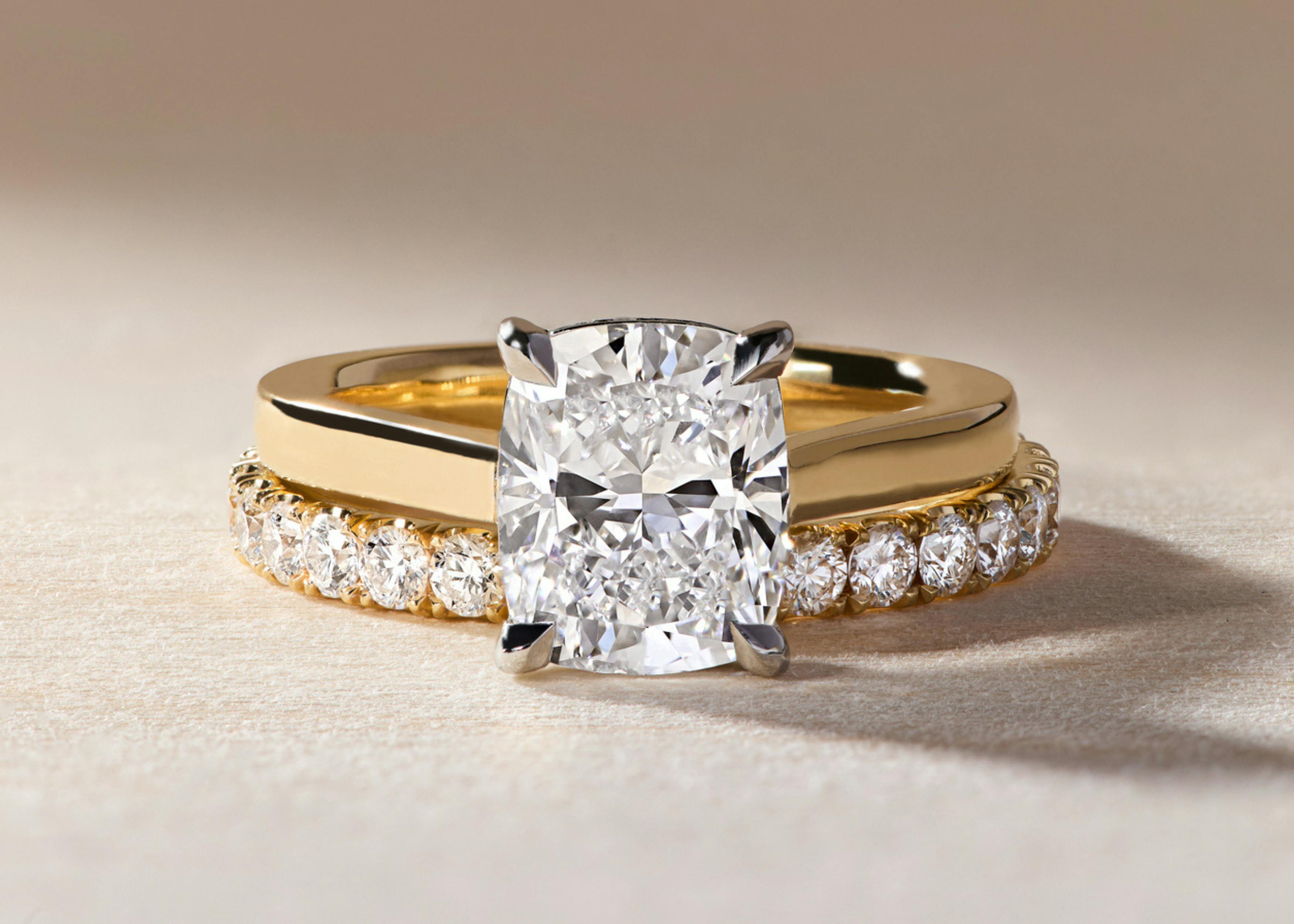 Queensmith 2.01ct Cushion Cut Dia Bezel Engagement Ring & 3.7mm 100% Shared Prong Eternity Ring in 18k Yellow Gold
