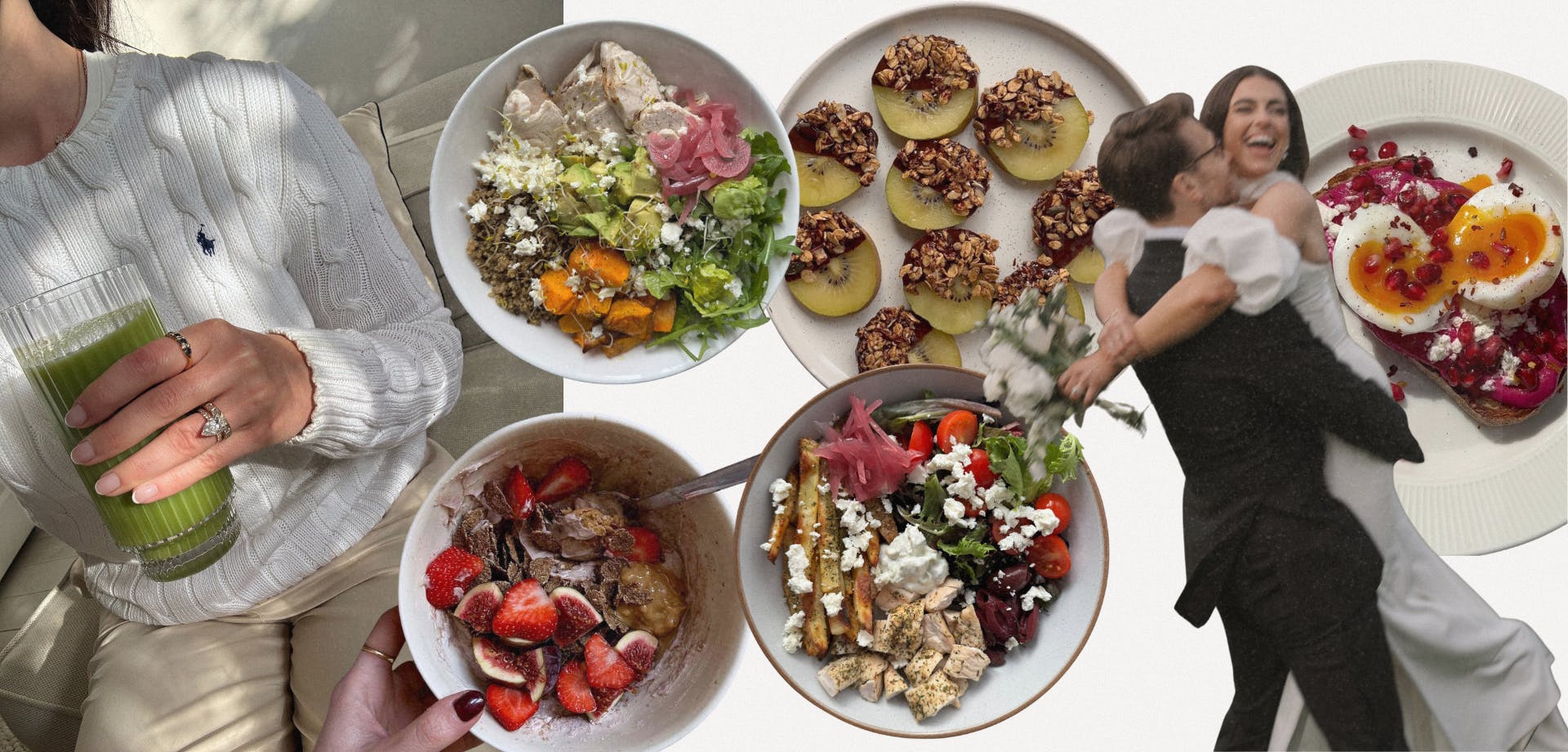 Collage of colourful, balanced meals including salads, fruit bowls and protein-rich dishes, created by nutritionist Pip.