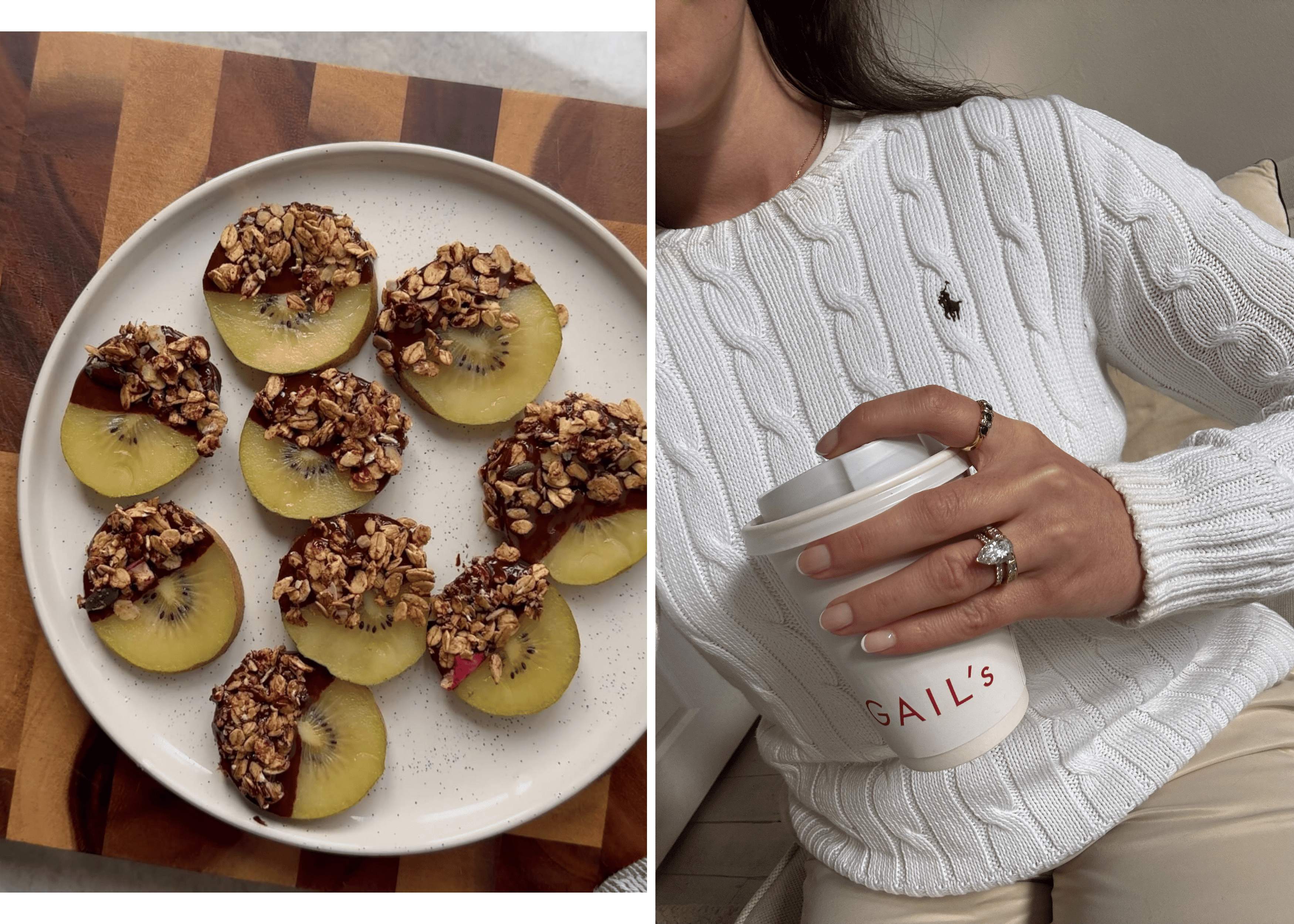 Sliced kiwi topped with dark chocolate and granola on a ceramic plate, a balanced snack idea shared by nutritionist Pip. Person holding a takeaway coffee while wearing a diamond engagement ring, captured during a relaxed morning moment.