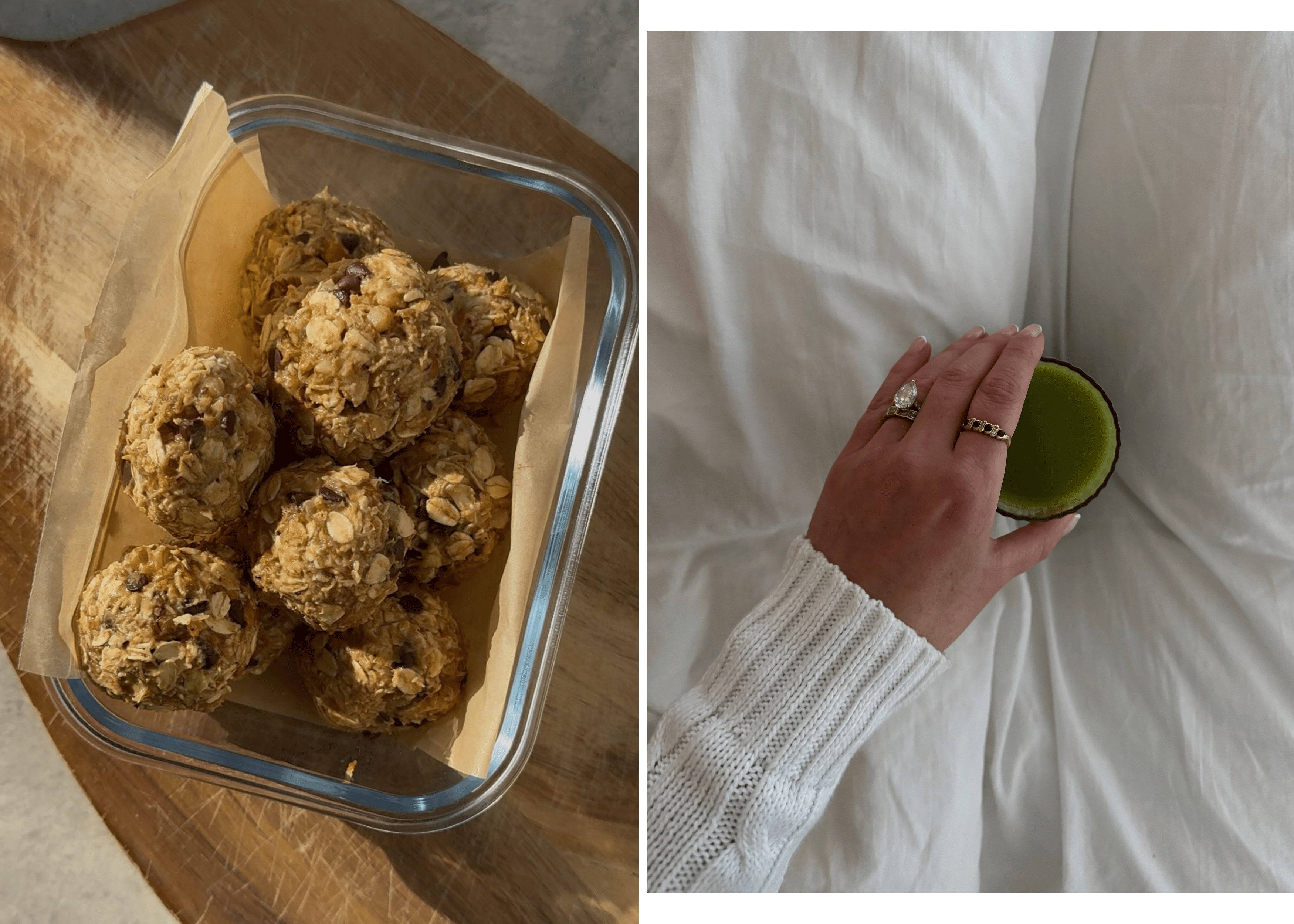 Homemade oat and nut energy balls in a glass container, a nutritious snack option for steady energy. Hand holding a green drink while wearing a diamond engagement ring, styled in soft natural light.