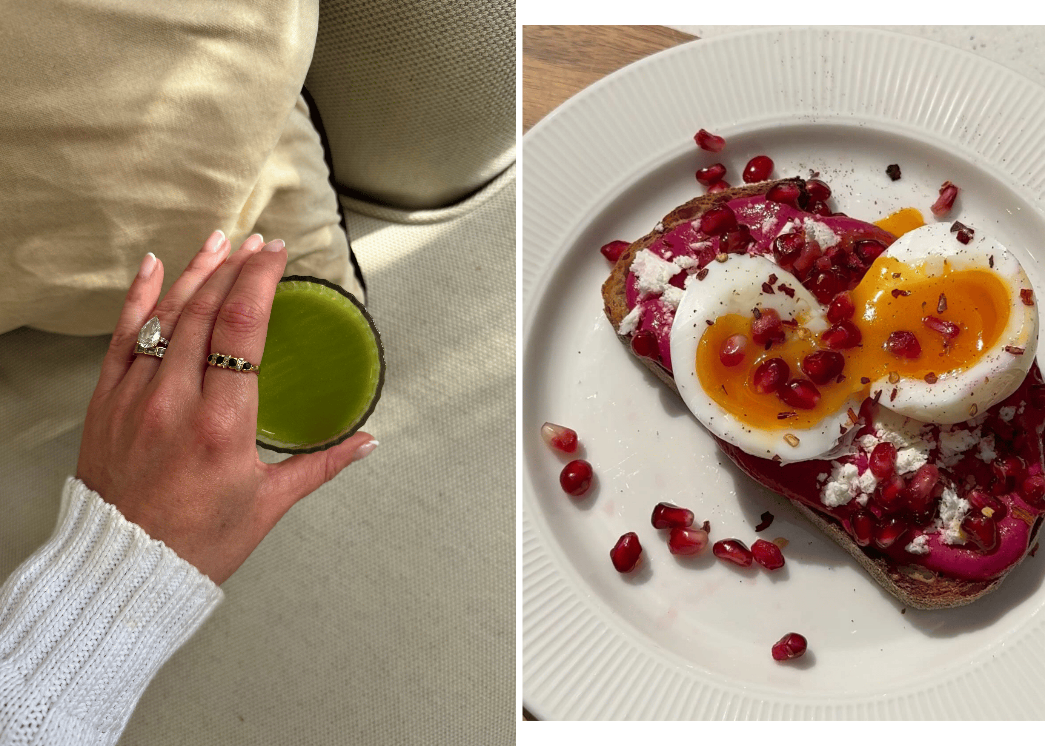 Hand holding a green juice, wearing a diamond engagement ring, highlighting everyday wellness habits.