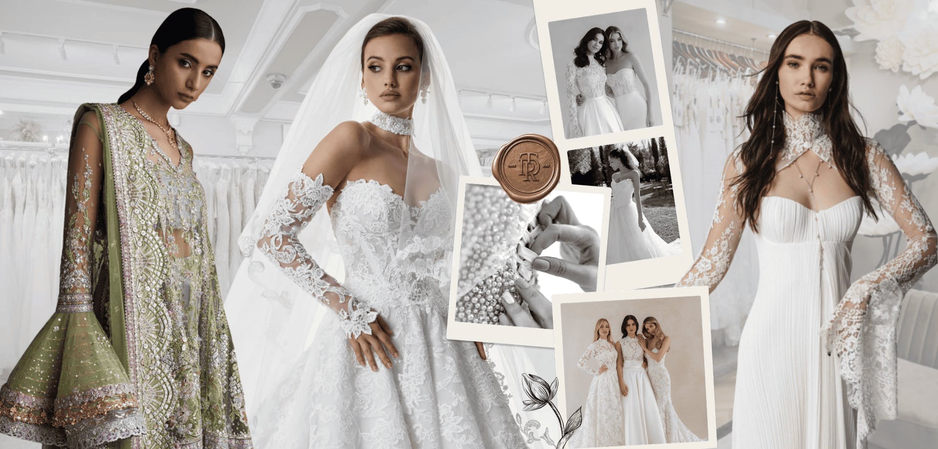 Collage of bridal fashion in a Birmingham bridal boutique featuring three brides in lace wedding dresses and a South Asian bridal outfit, alongside close-up images of gown details and fittings.