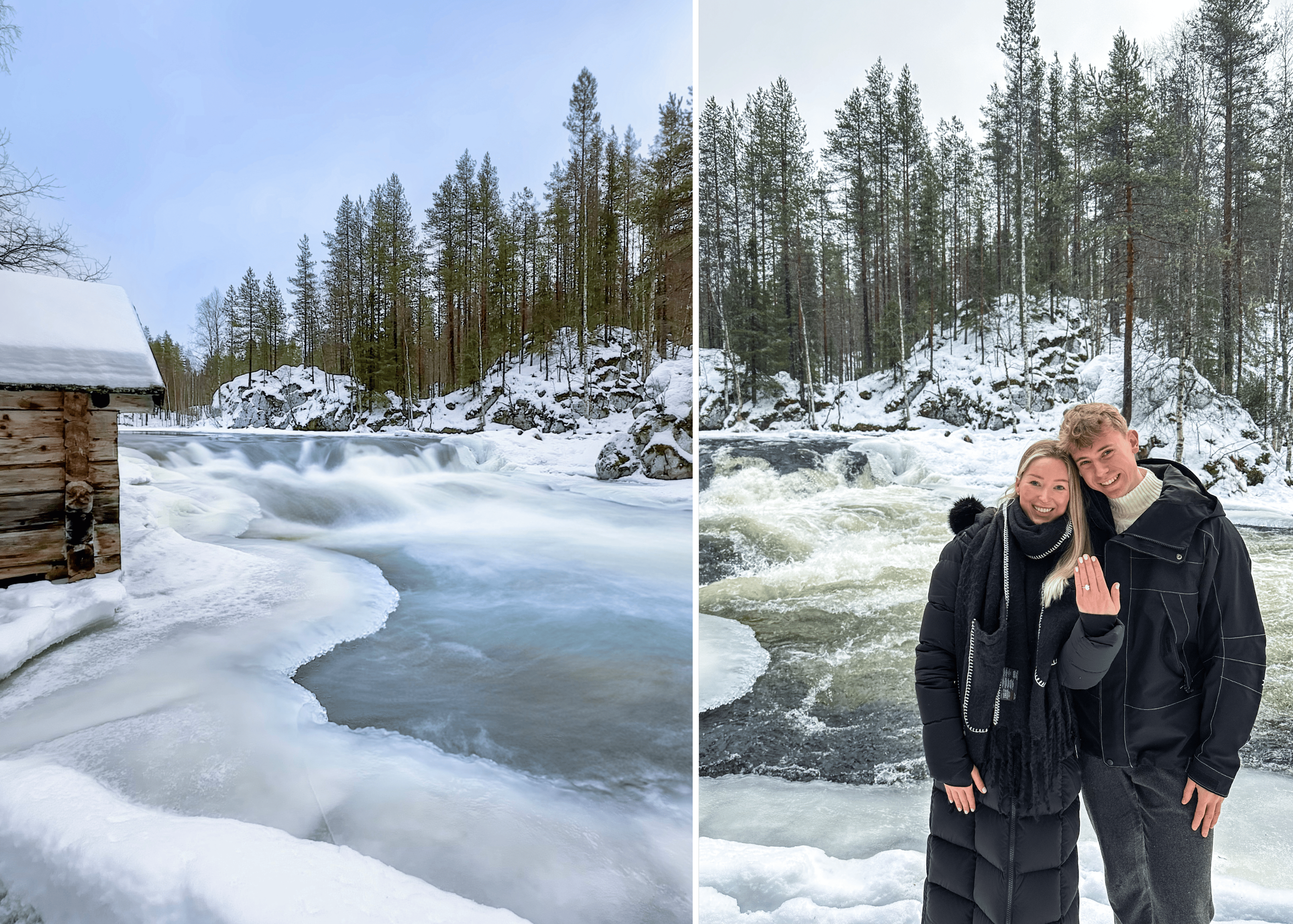 Snowy scene in Finland and Queensmith couple showing their oval engagement ring.