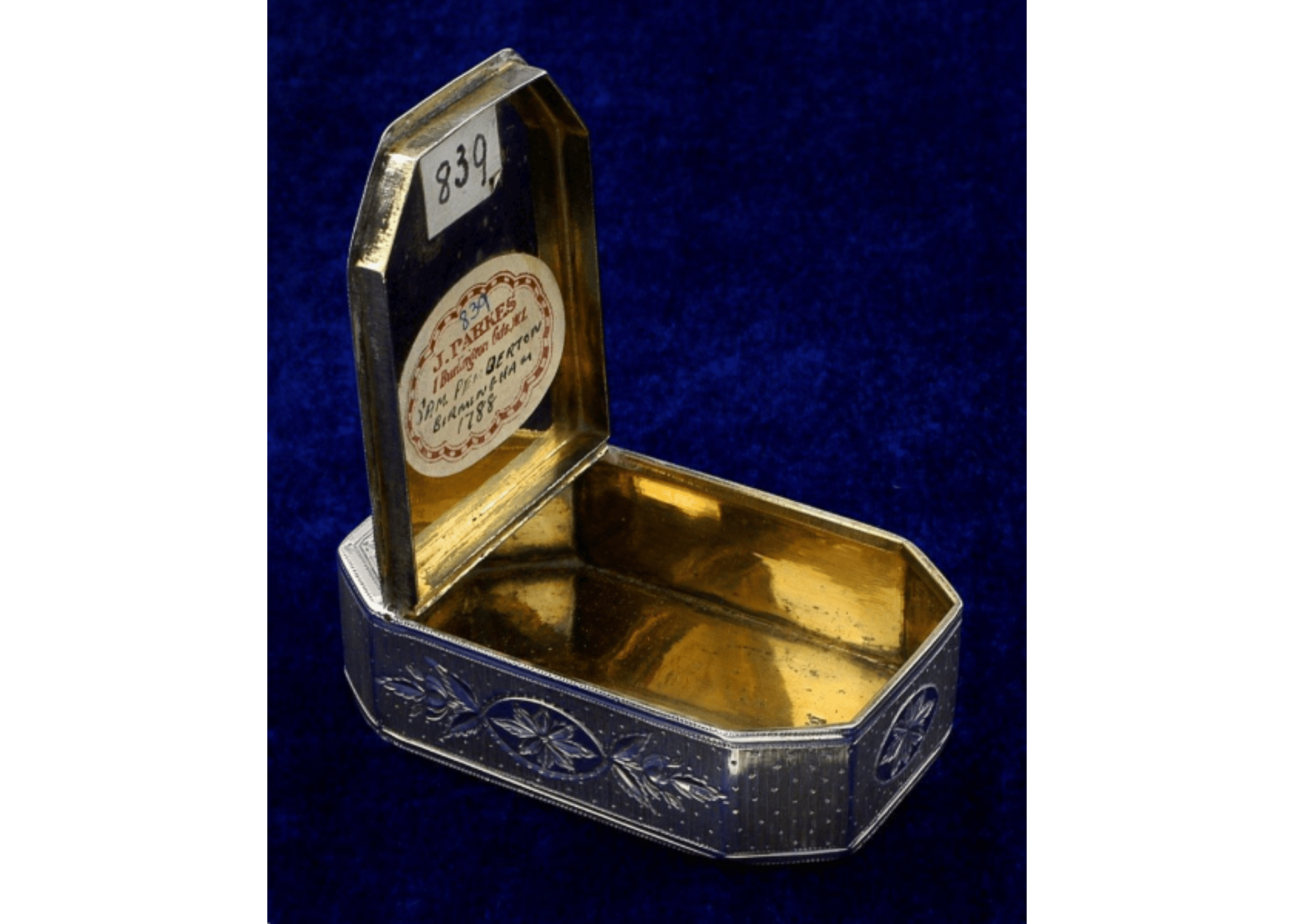 Brummagem toy example: an engraved snuff box made by Samuel Pemberton in 1788.