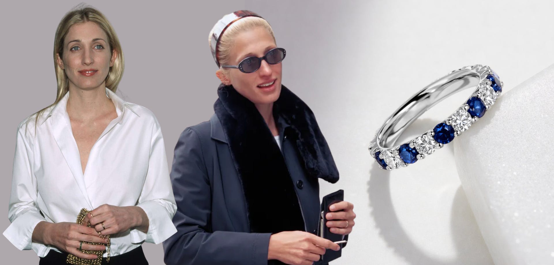 Carolyn Bessette Kennedy and diamond and sapphire engagement ring in platinum.