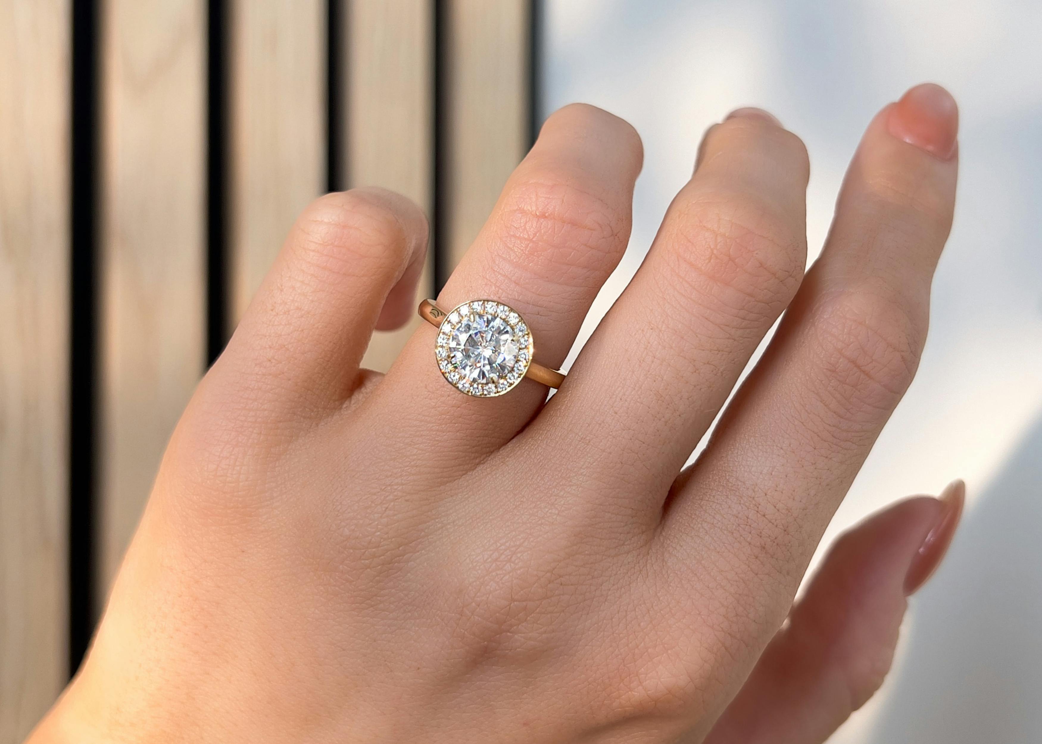 Round Cut Faye Halo Engagement Ring in 18k Yellow Gold.