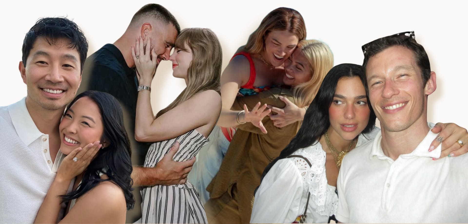 Collage of celebrity engagement photos, including Taylor Swift and Travis Kelce, Dua Lipa and Callum Turner, Simu Liu and Allison Hsu, and Hayley Kiyoko and Becca Tilley.
