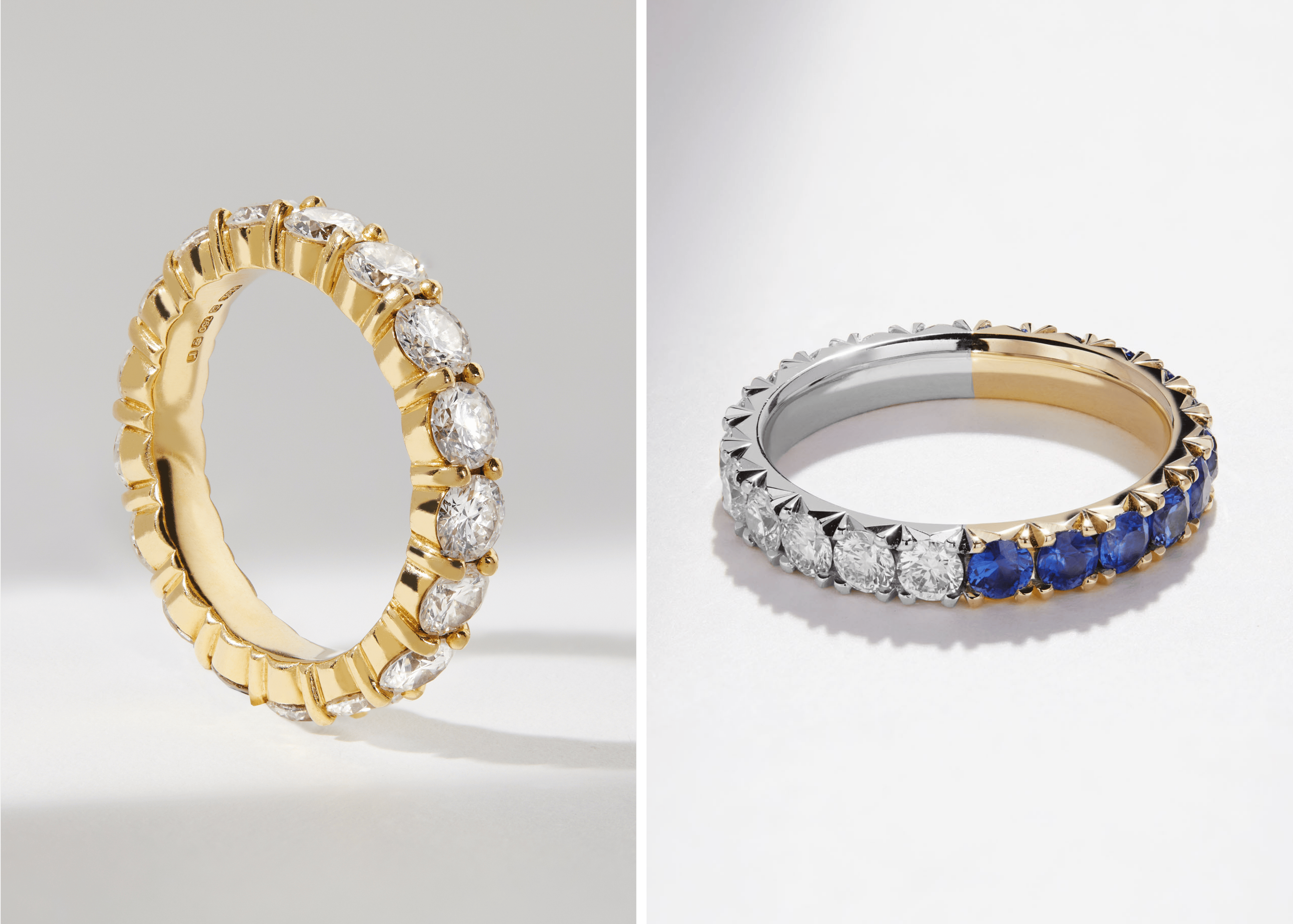 Round Cut Shared Prong Eternity Ring in 18k Yellow Gold and Bespoke Mixed Metal Diamond & Sapphire Fishtail Set Eternity Ring