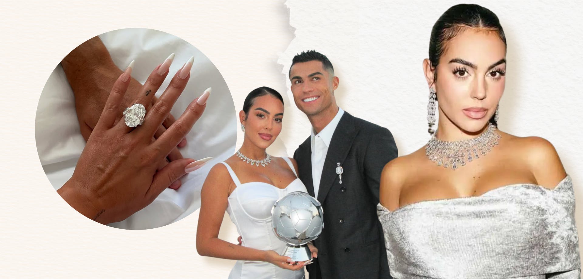 Cristiano Ronaldo and Georgina Rodríguez engagement ring with three oval cut diamonds.