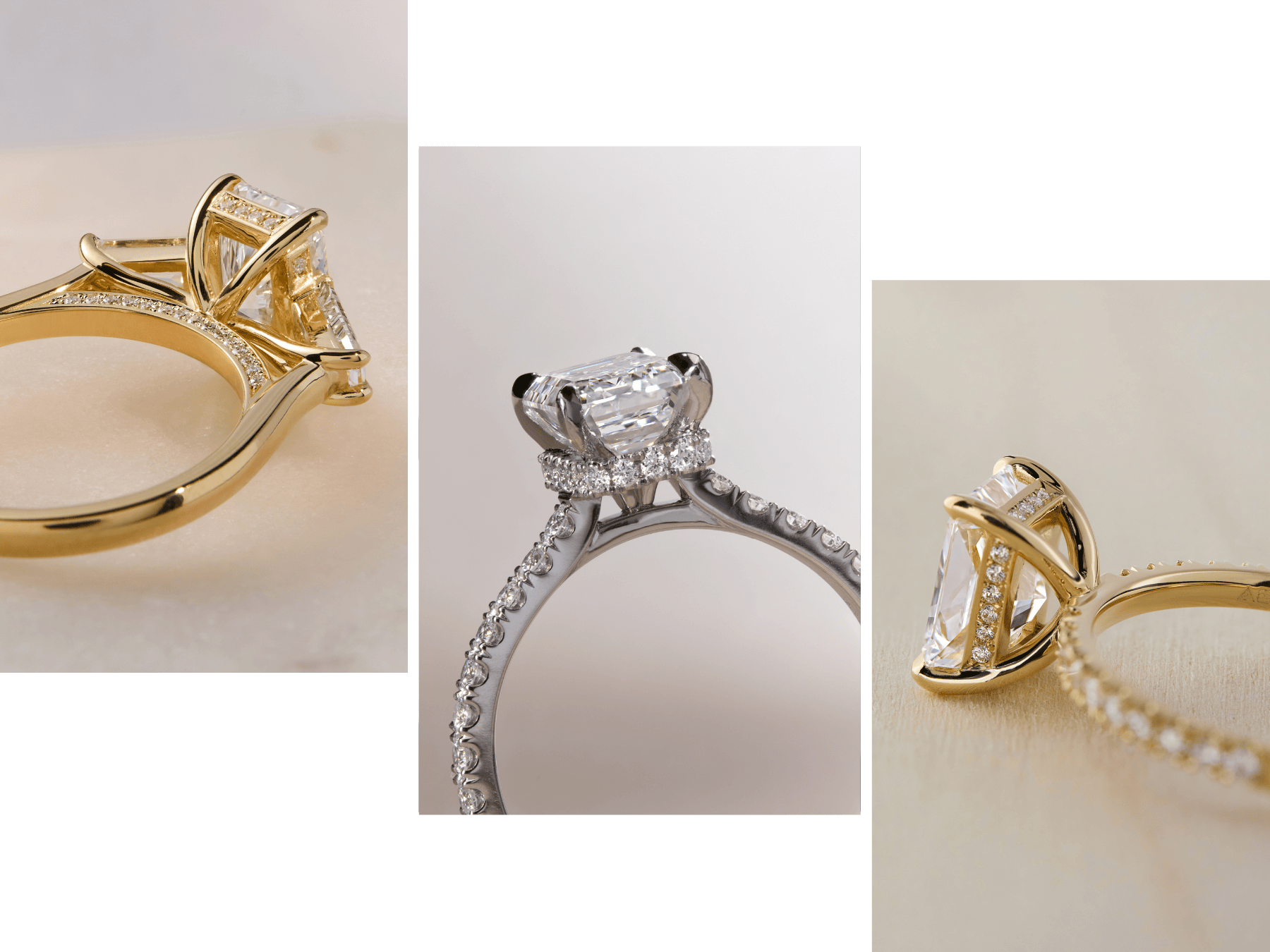 Three examples of hidden diamonds, including hidden halos and other diamond embellishments.