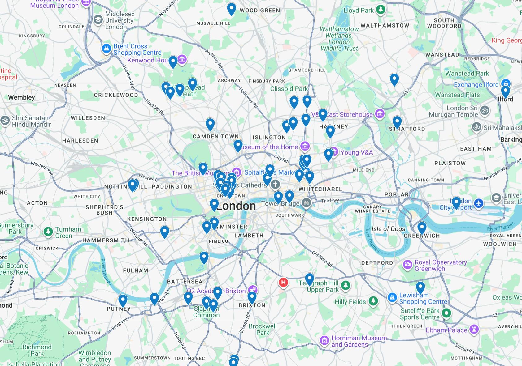 Google map of London with blue location points of recommended first date spots.