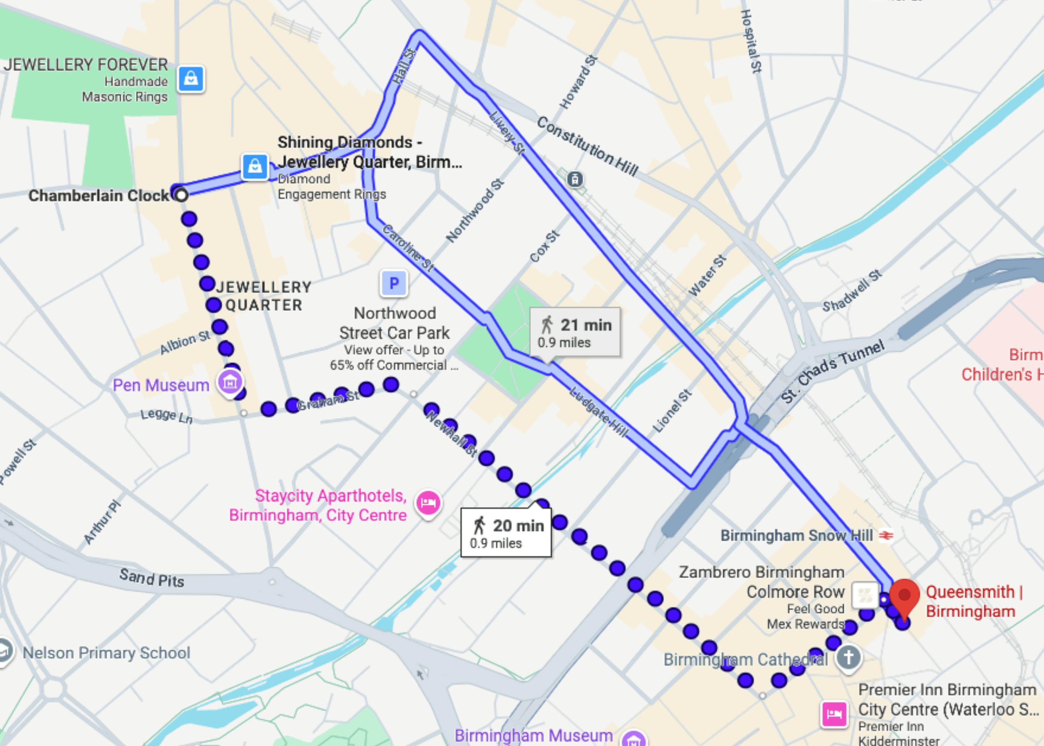 Map of the walking route from the Jewellery Quarter's Chamberlain Clock to Queensmith at 5 St Philip's Place.