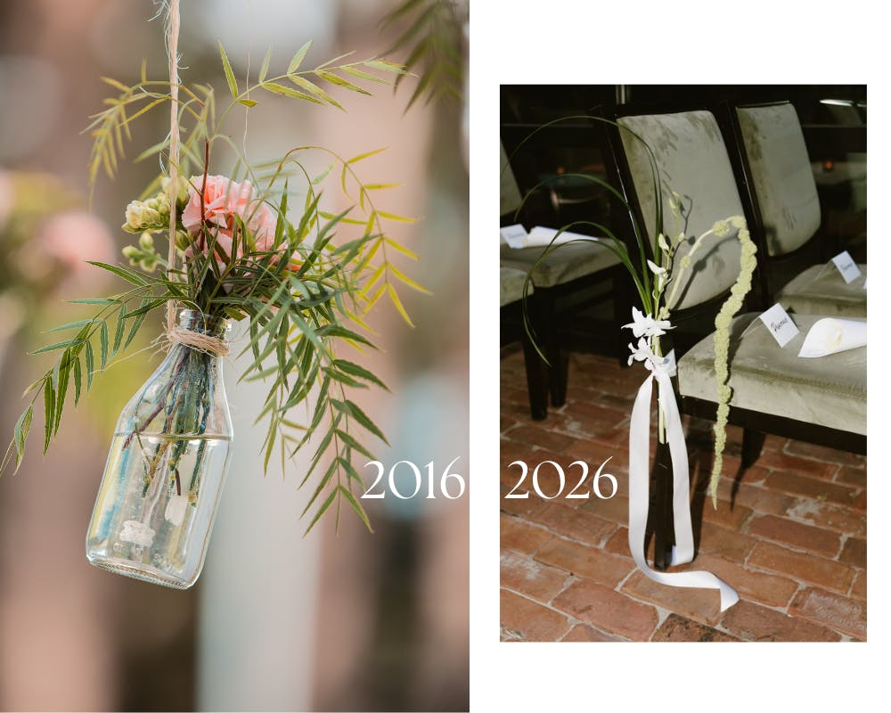 flowers comparison 2016 vs 2026, with flowers in a bottle in 2015 vs more minimalist white flower arrangements on a seat in 2026