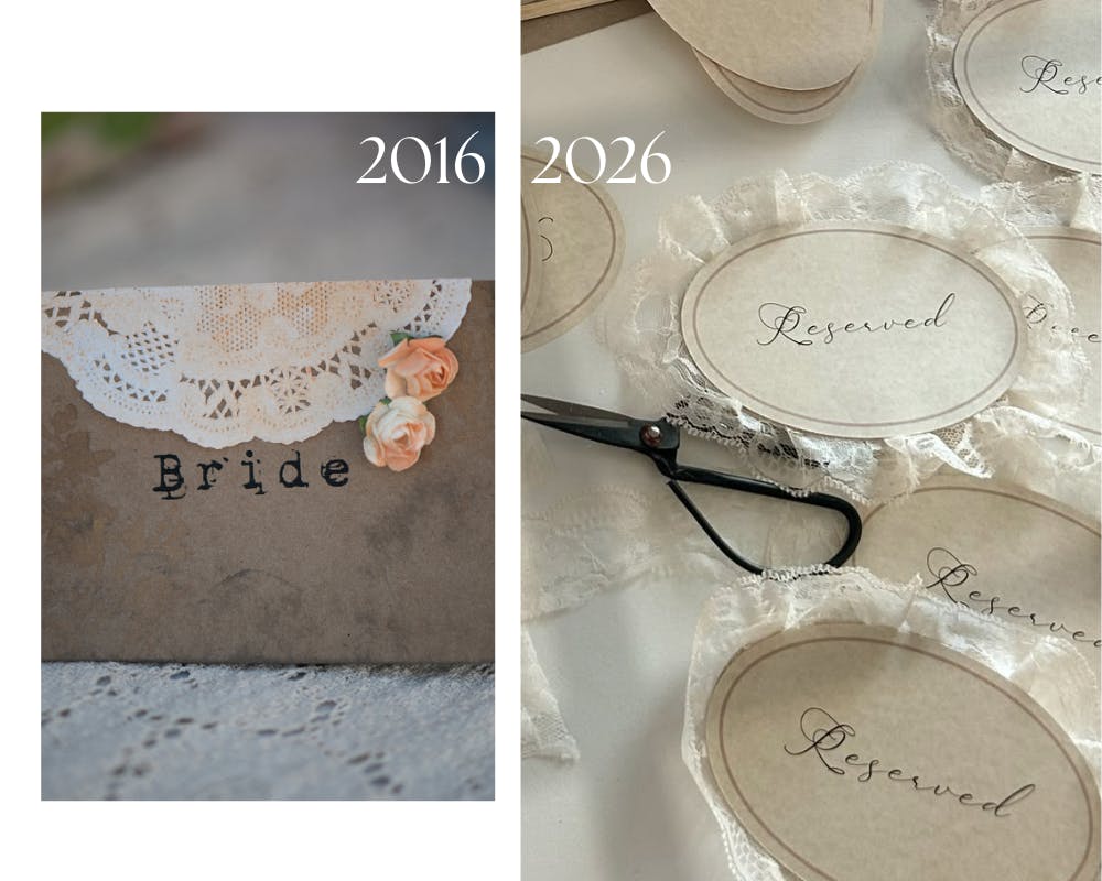 visual comparing the table settings for 2016 vs 2026, one shows a single bride envelope, the other shows lacy reserved signs