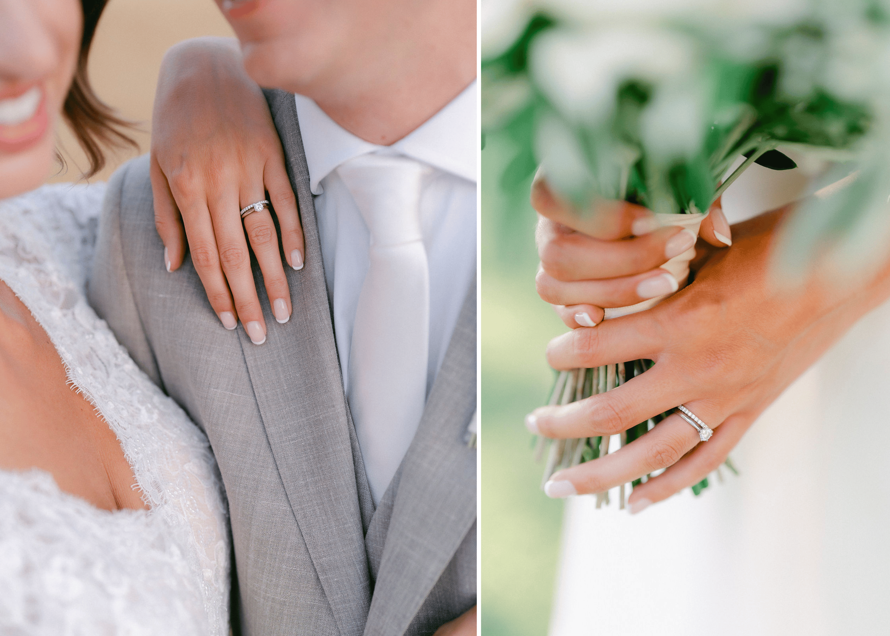 Queensmith couple wedding day wearing solitaire engagement ring and diamond wedding ring in platinum.
