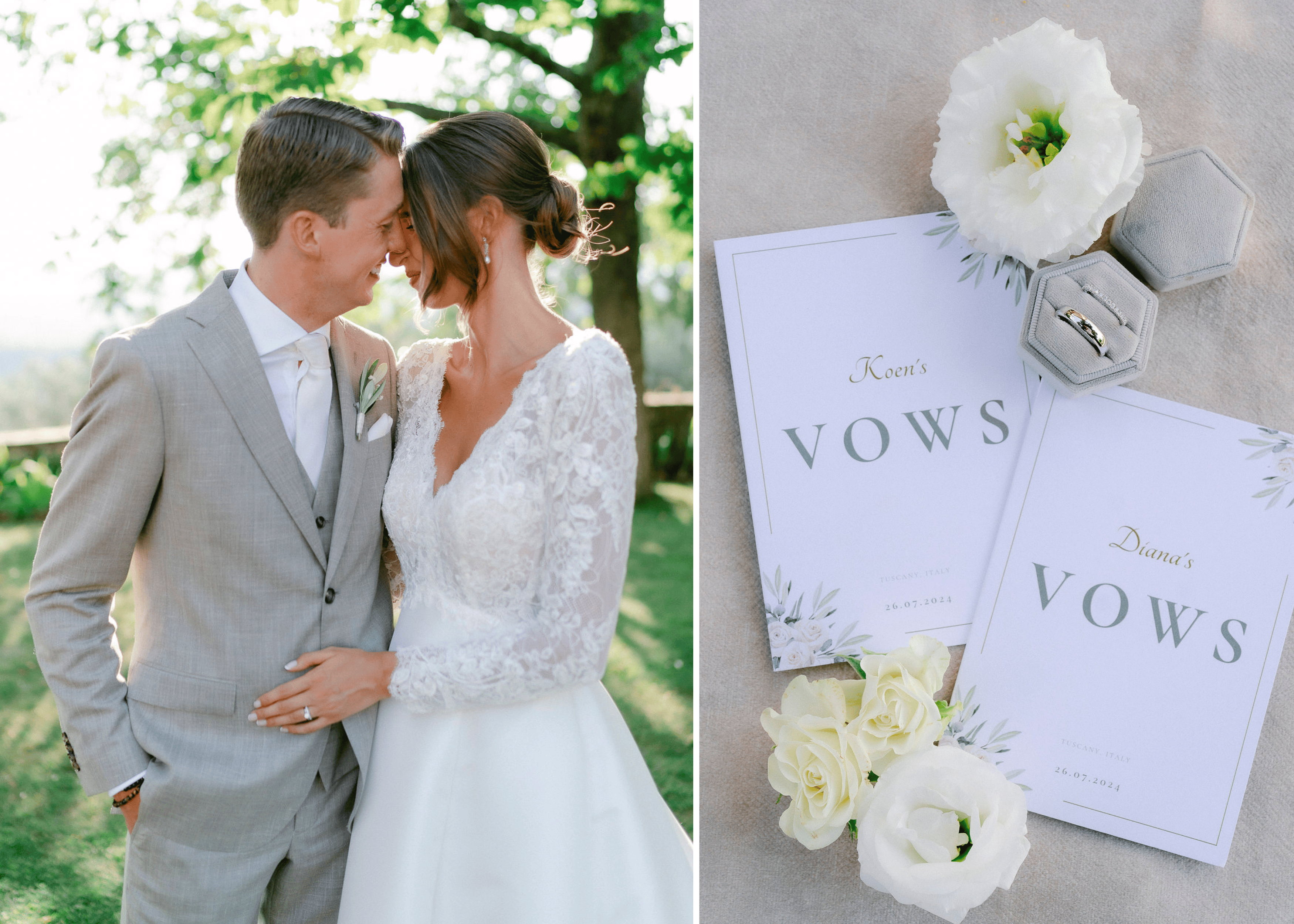 Queensmith couple wedding day with solitaire engagement ring and diamond wedding ring in platinum.