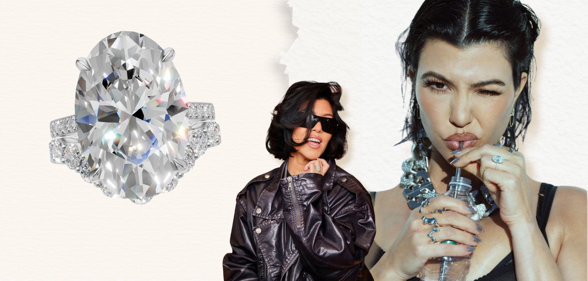 Kourtney Kardashian oval engagement ring with diamond band, and diamond wedding ring.