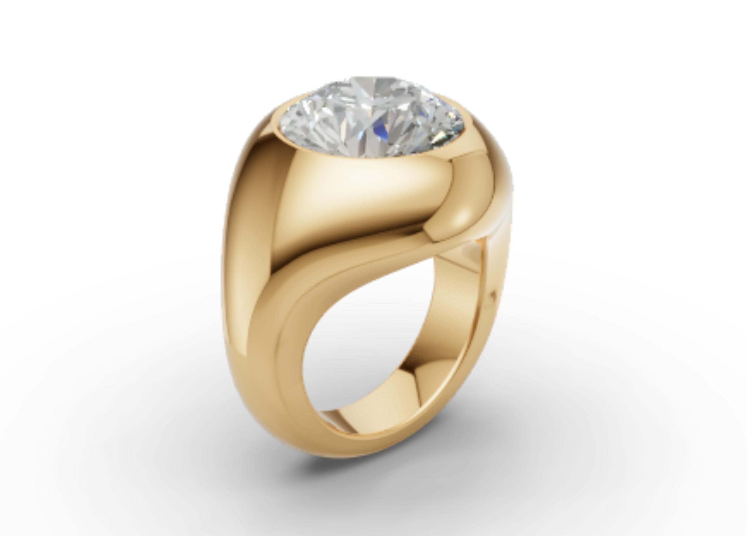 Render prediction side view of Kylie Jenner's engagement ring with bezel set round diamond.