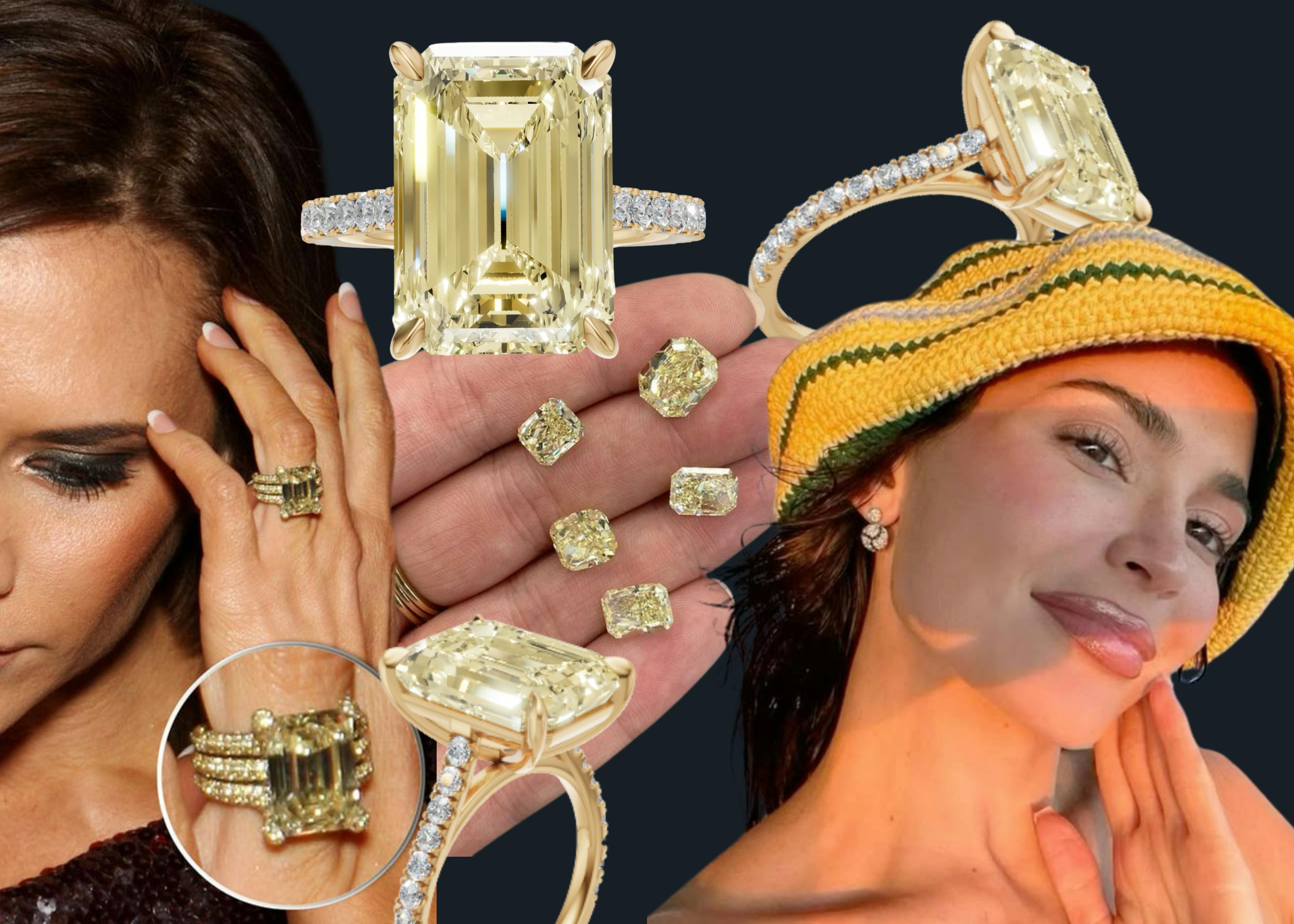 Moodboard of a Kylie Jenner yellow diamond engagement ring prediction.