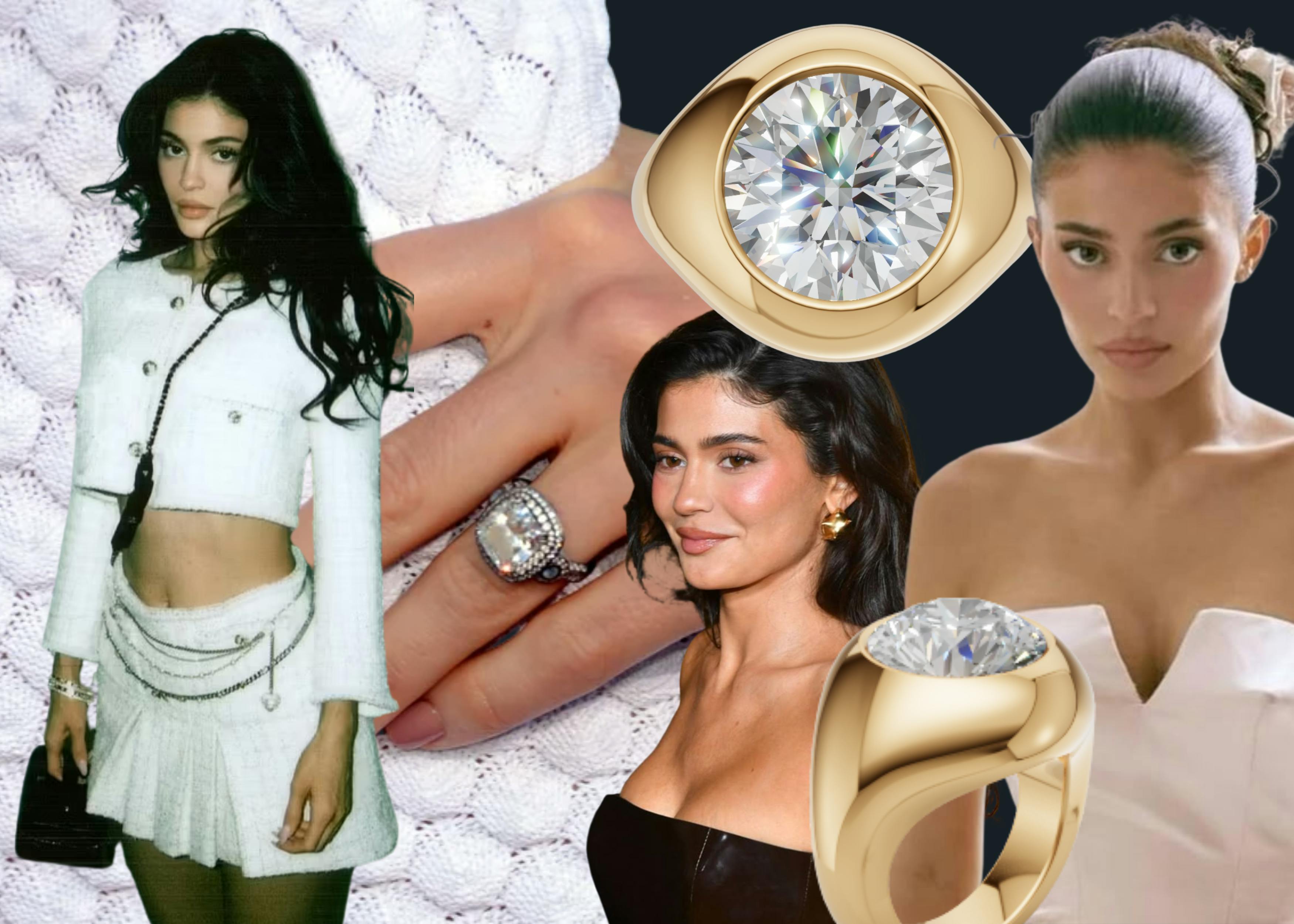 Moodboard of a Kylie Jenner round bezel engagement ring prediction.