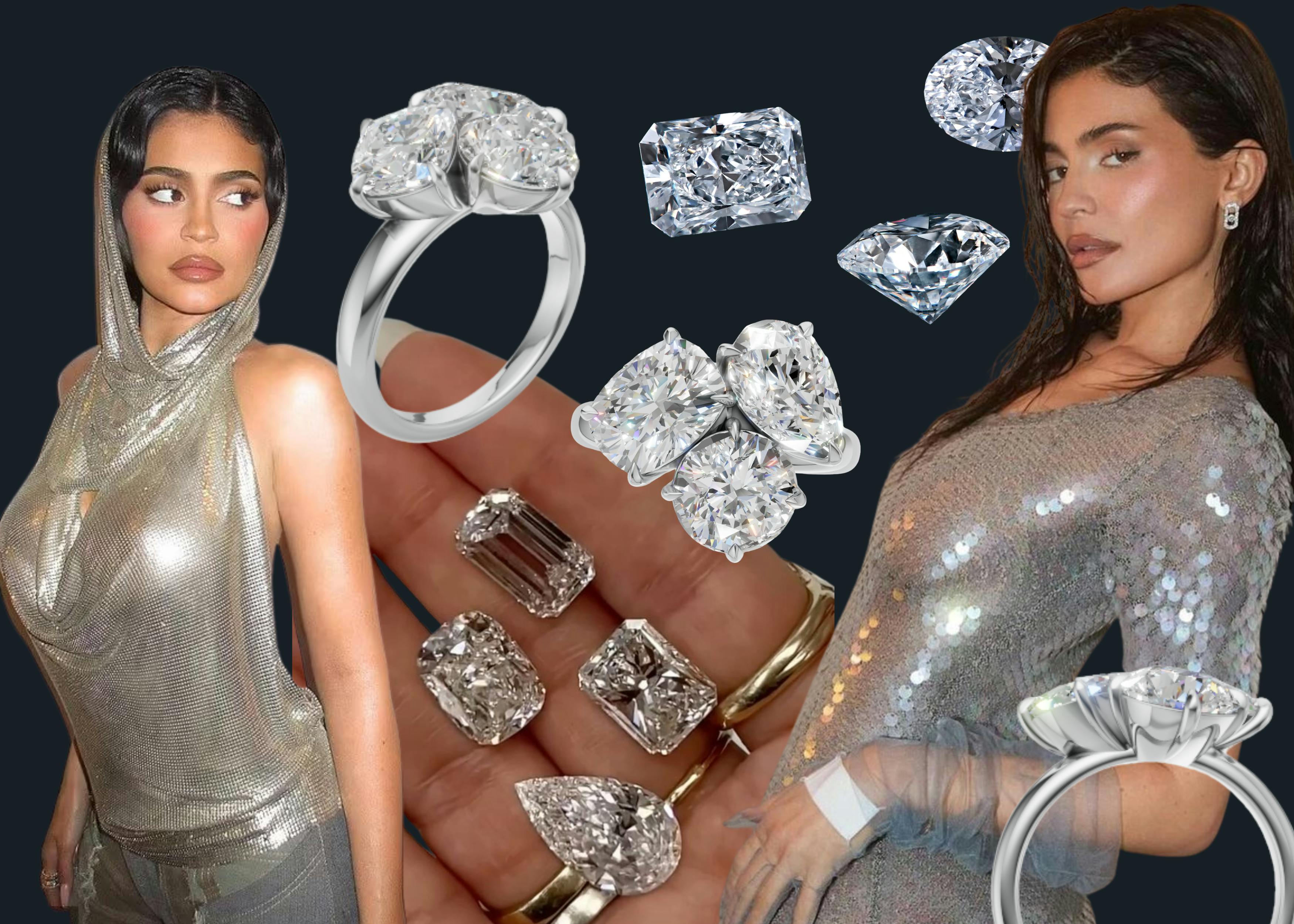 Moodboard of a Kylie Jenner toi et moi engagement ring prediction.