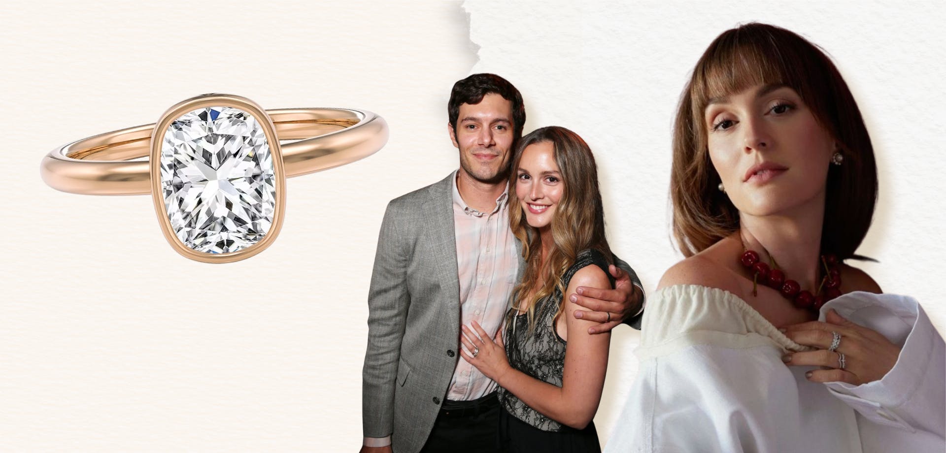Leighton Meester engagement ring with cushion cut diamond.