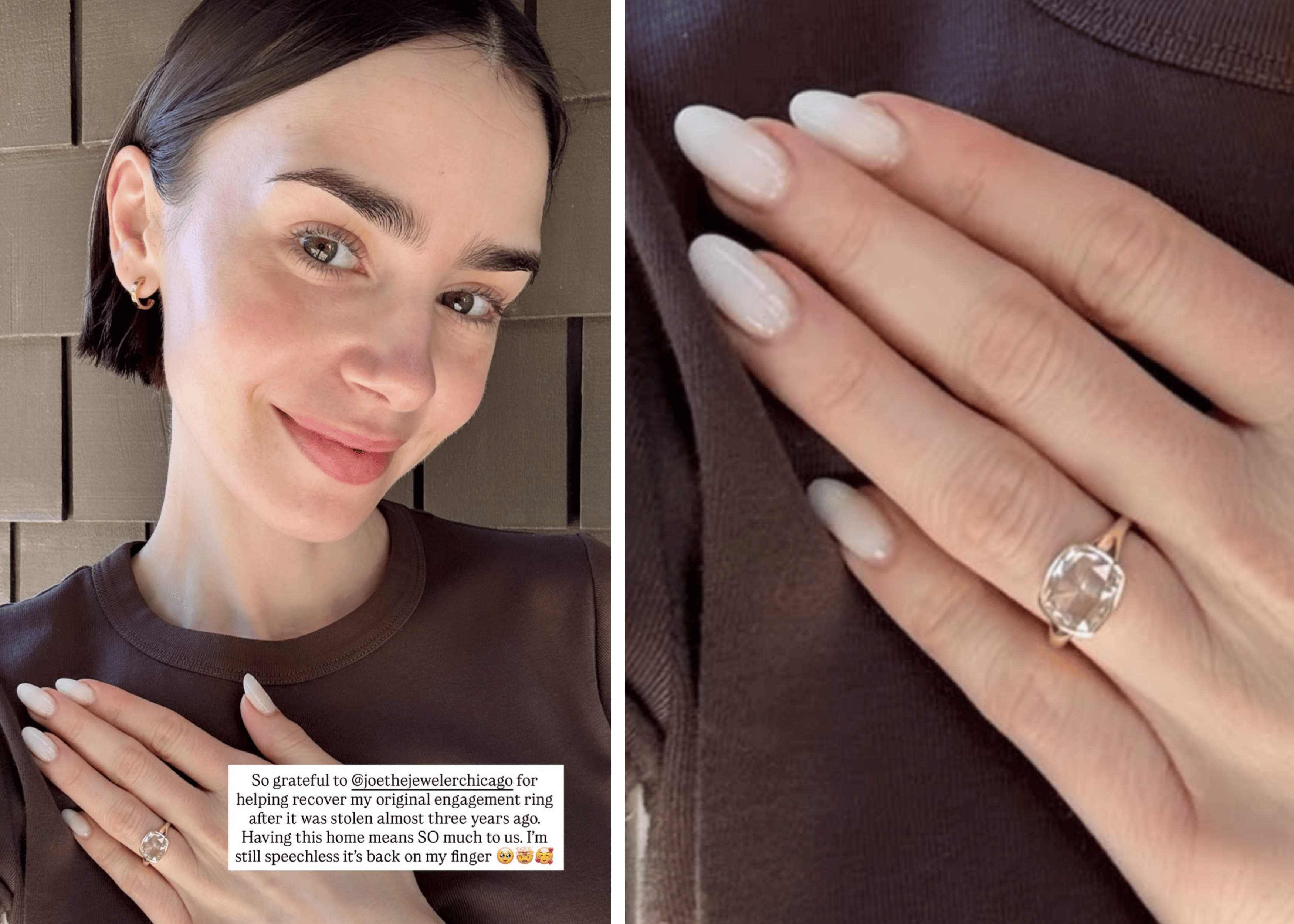 Lily Collins Instagram Story selfies showing rose cut engagement ring recovered after robbery.