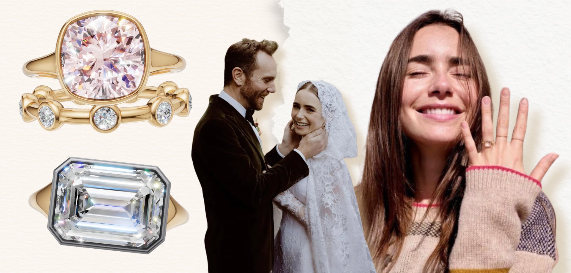 Lily Collins engagement rings, rose cut and emerald cut, and yellow gold wedding ring.
