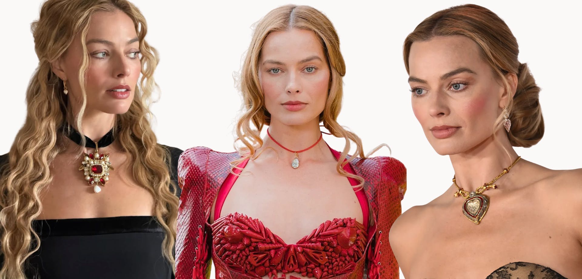 Margot Robbie in multiple looks for the Wuthering Heights film press tour, including gothic ruby necklace, a pear cut diamond necklace, Elizabeth Taylor's necklace and pear drop diamond earrings.