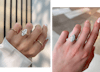 Marquise engagement rings, one a solitaire ring in yellow gold, the other a diamond band halo engagement ring in platinum.