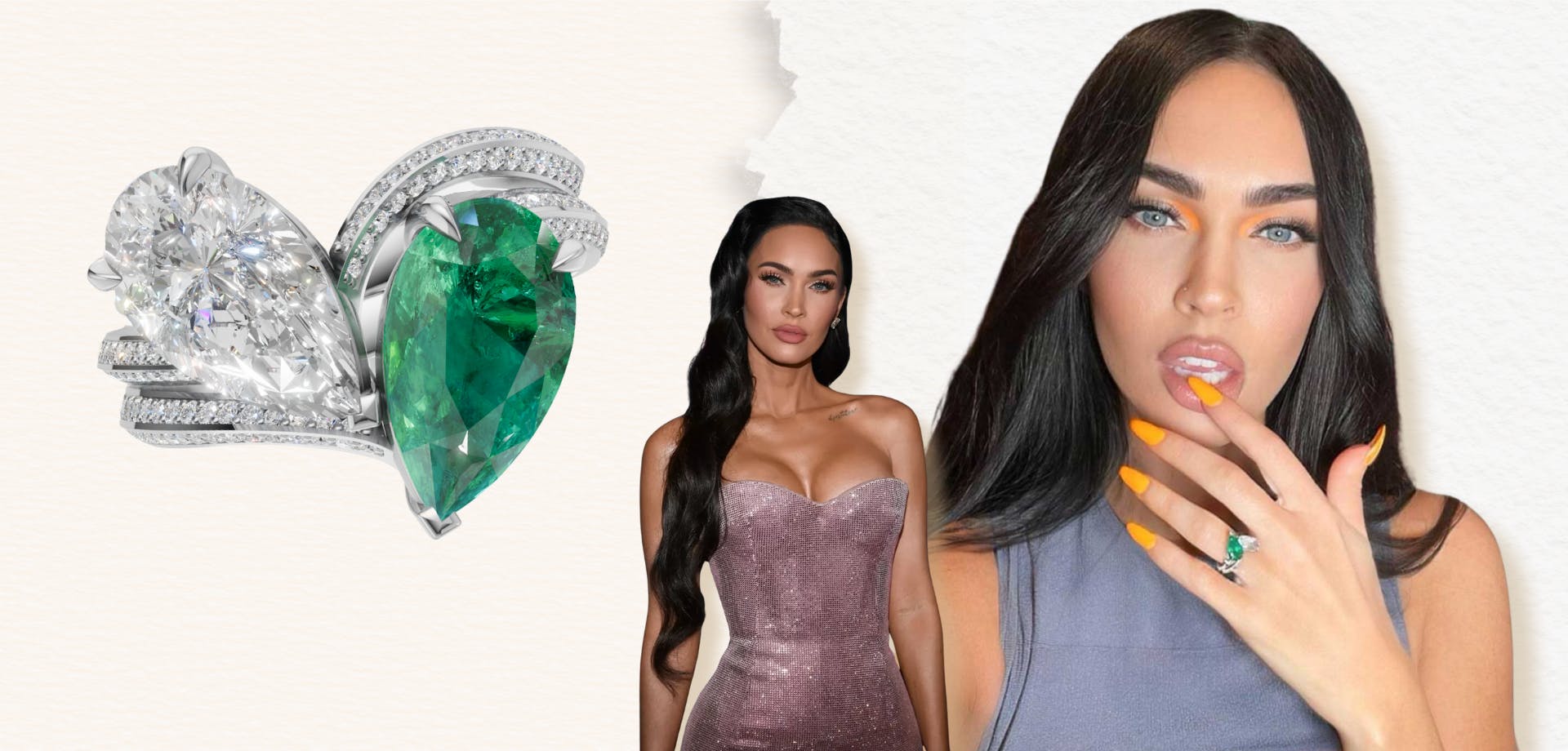 Megan Fox's diamond and green emerald pear cut toi et moi engagement ring with diamond pave band.
