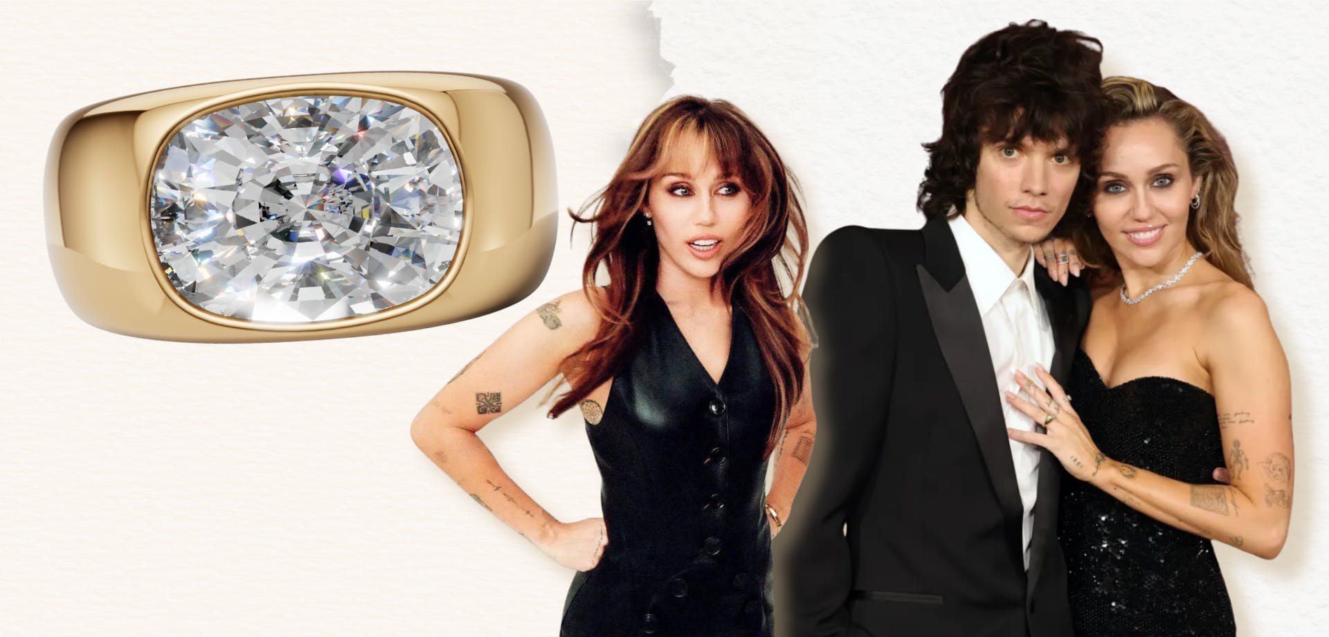 Miley Cyrus wearing an elongated cushion cut engagement ring in a chunky yellow gold setting, posing with Maxx Morando at the Avatar: Fire and Ash premiere, December 2025.