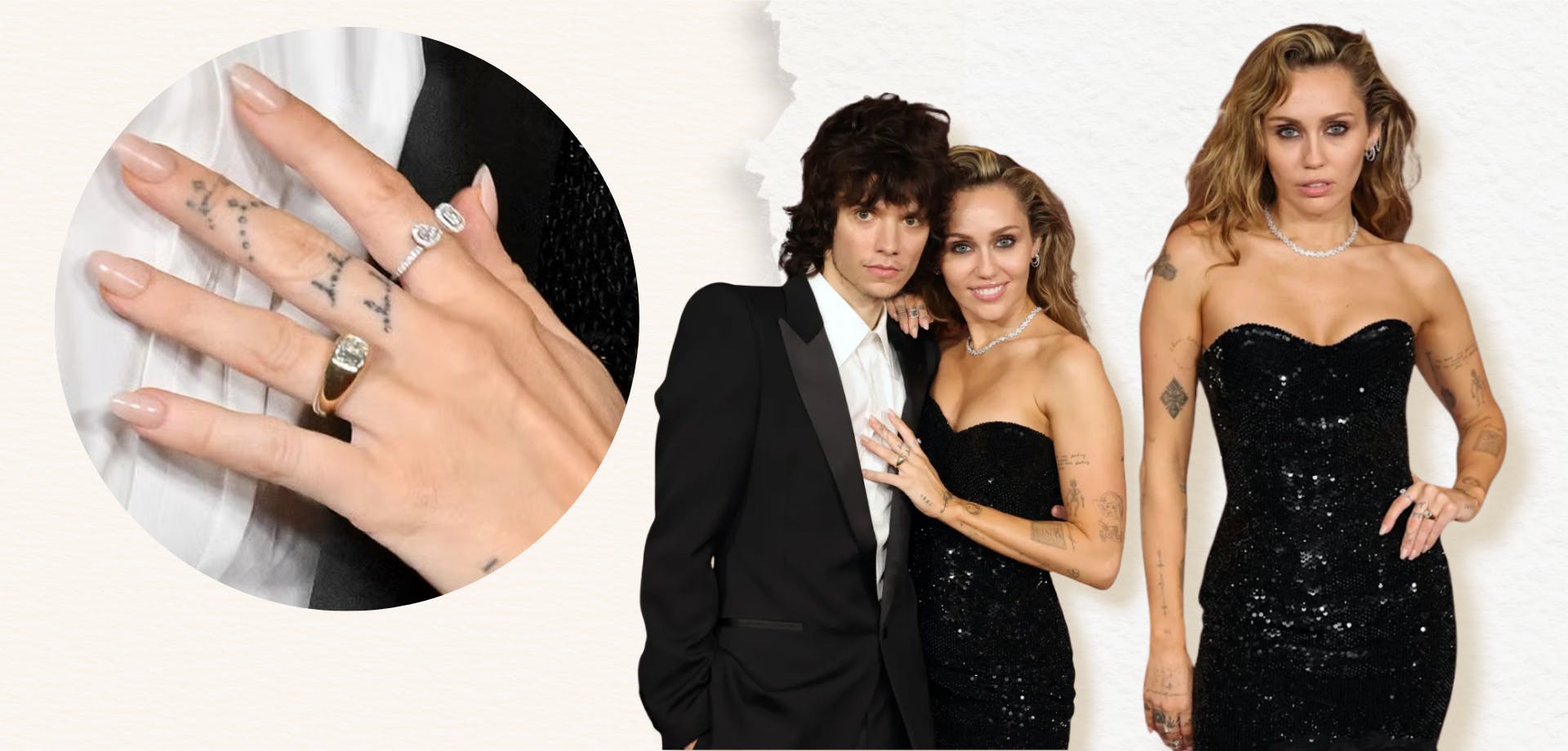 Miley Cyrus wearing an elongated cushion cut engagement ring in a chunky yellow gold setting, posing with Maxx Morando at the Avatar: Fire and Ash premiere, December 2025.