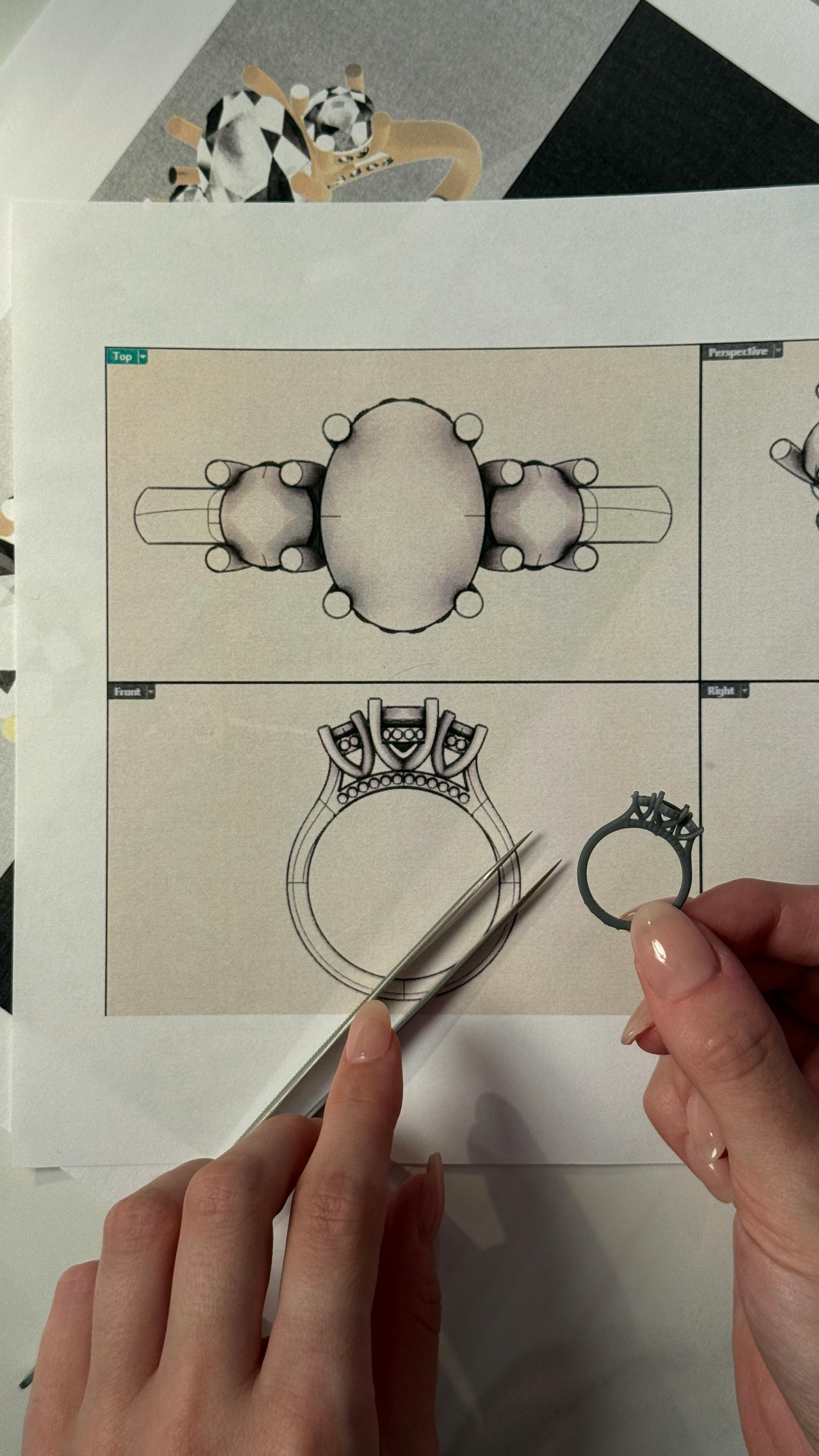 CAD render of diamond trilogy engagement ring.