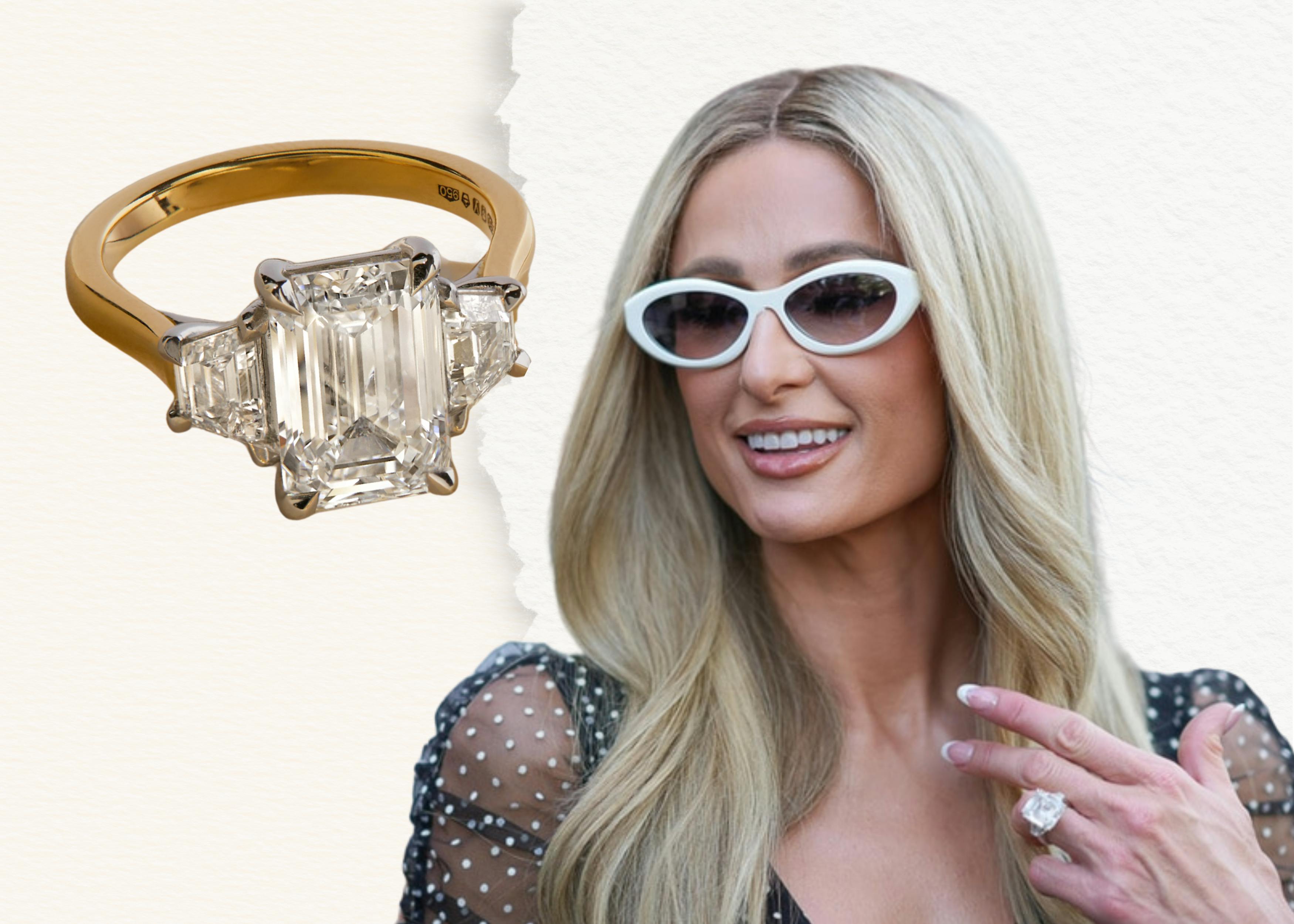 Paris hilton's diamond engagement ring featuring an emerald cut centre diamond and tapered baguette diamonds on either side.