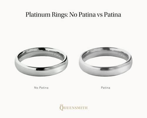 An infographic showing a platinum wedding band without a patina and a platinum wedding band with a patina, side by side