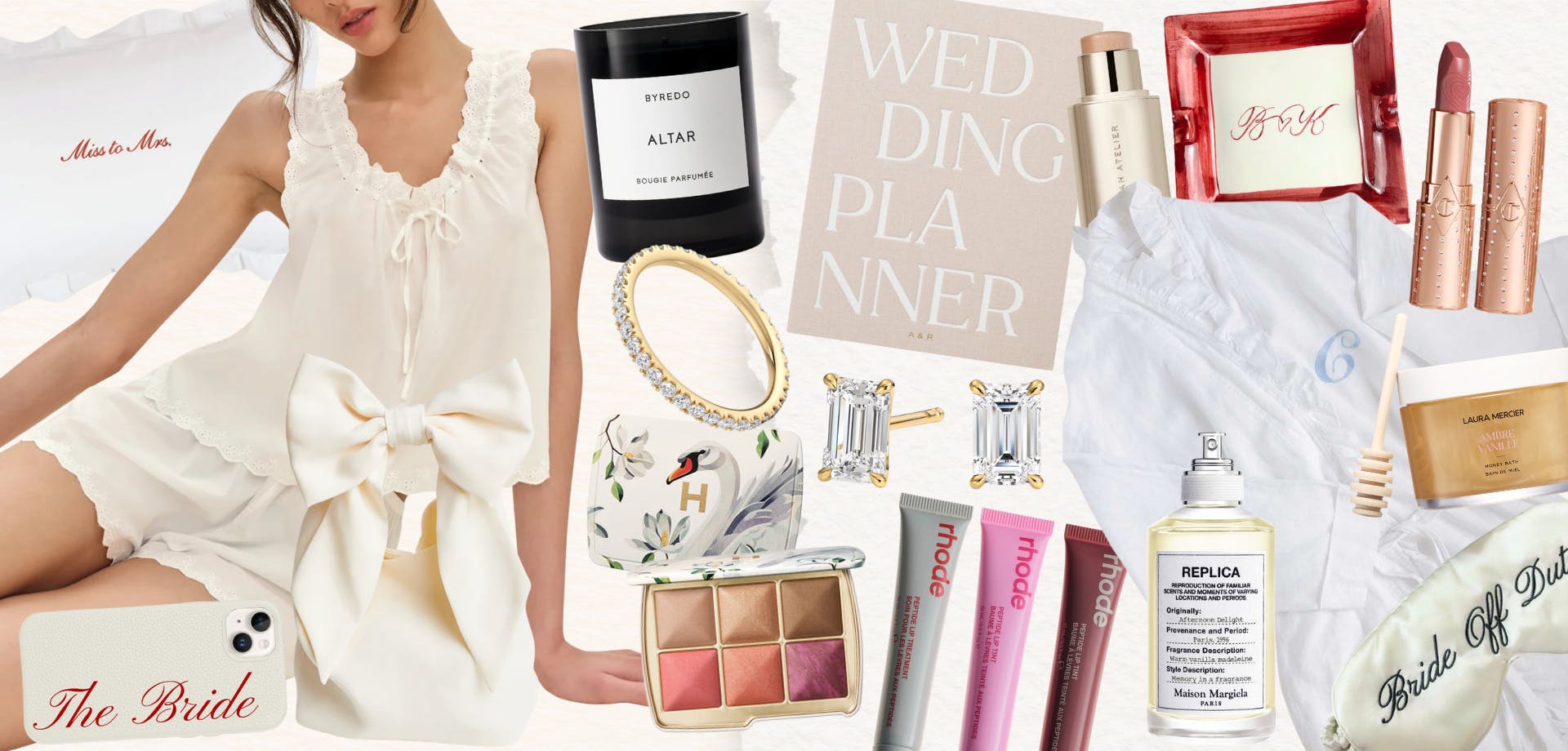 Bridal gift collage featuring a white ruffled pyjama set, Byredo candle, Laura Mercier honey bath, Charlotte Tilbury lipstick, personalised trinket tray, wedding planner notebook, Hourglass face palette, diamond rings and earrings, Rare Beauty lip tints, personalised phone case, robe with embroidered initial, and eye mask embroidered with “Bride Off Duty”.