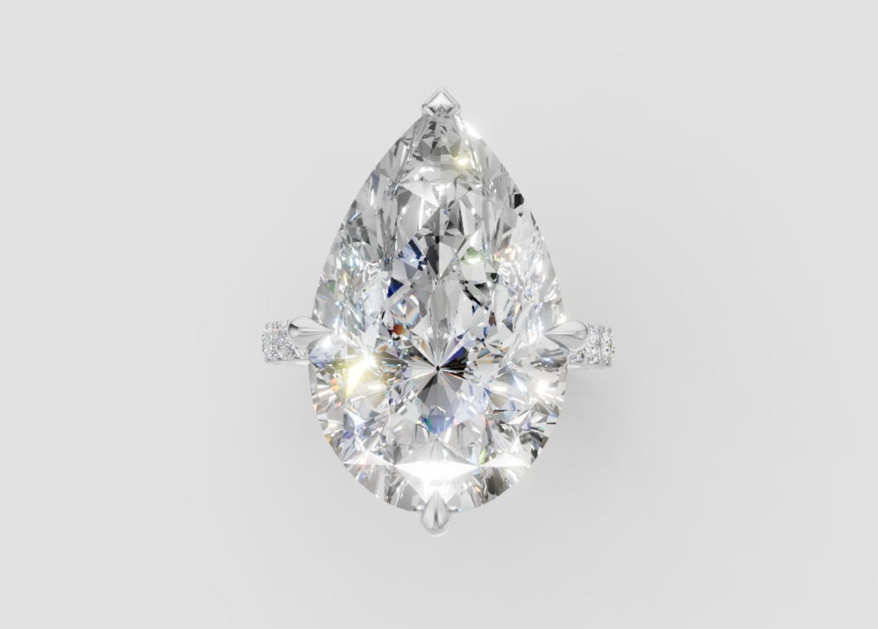 Large pear cut diamond ring render with diamond set band in platinum.
