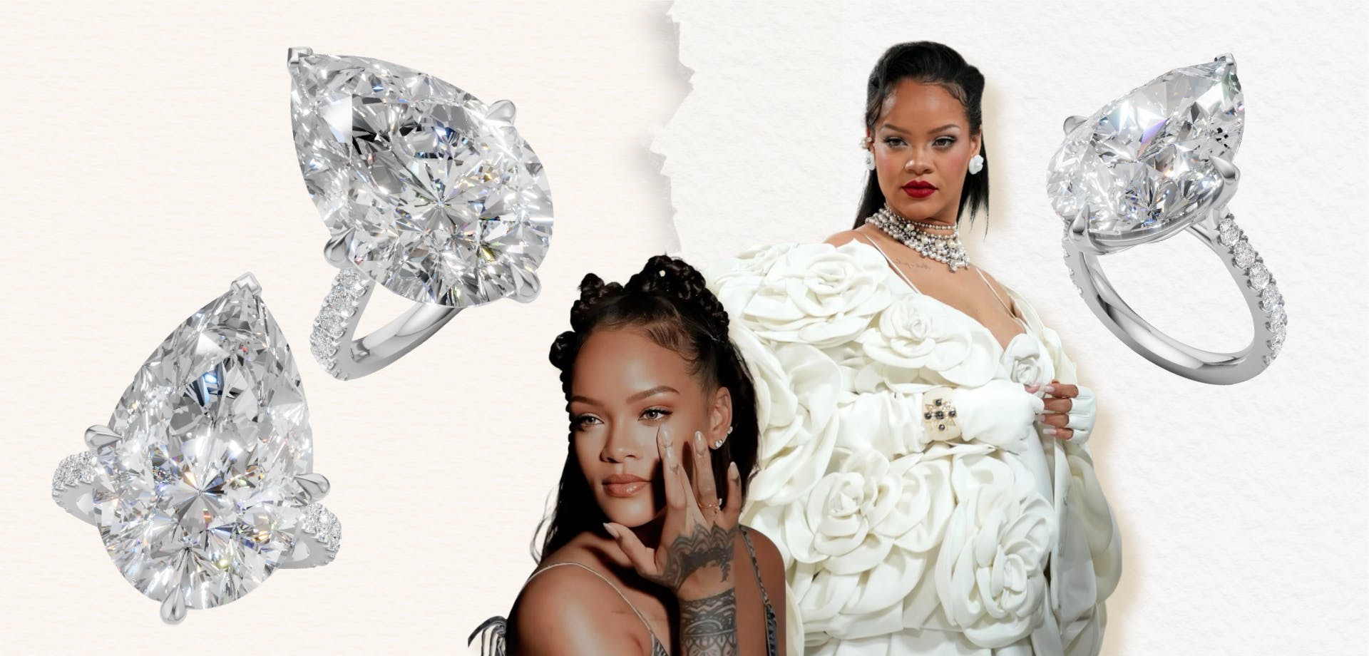 Rihanna engagement ring predictions with large pear cut diamond ring.
