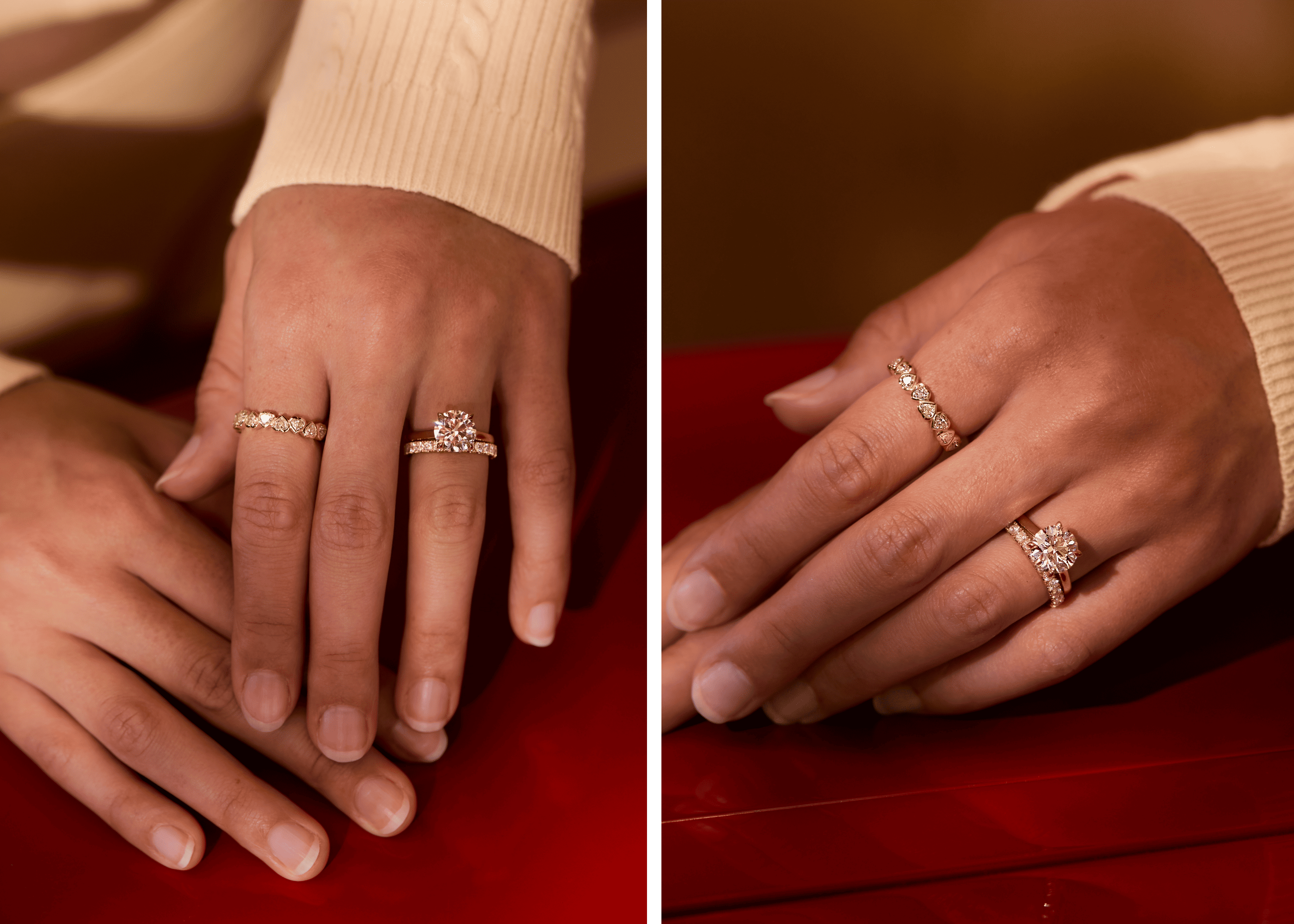 Engagement and wedding ring stack in yellow gold and diamond eternity band.