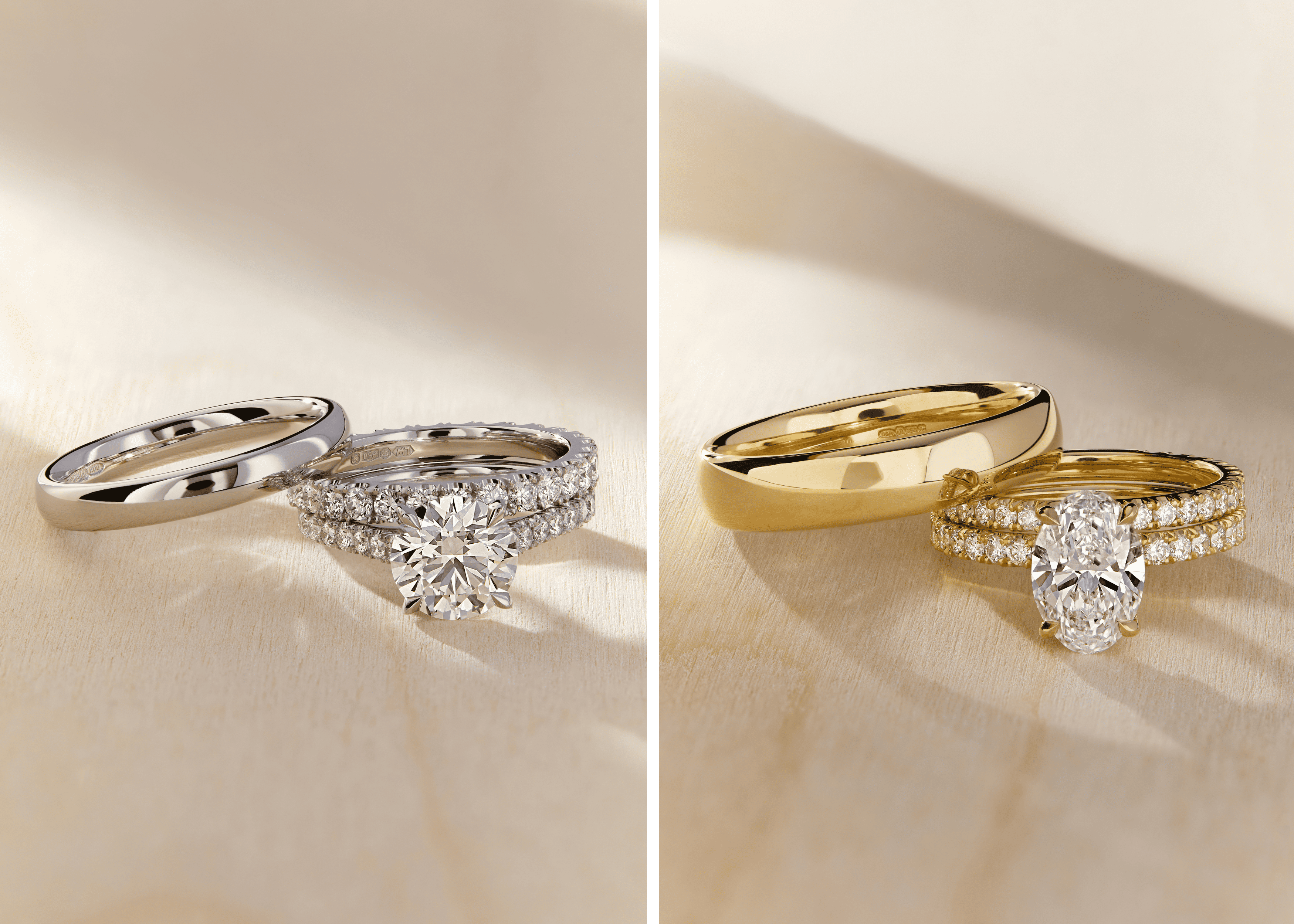Platinum engagement ring stack with pavé band beside yellow gold wedding and engagement ring set.