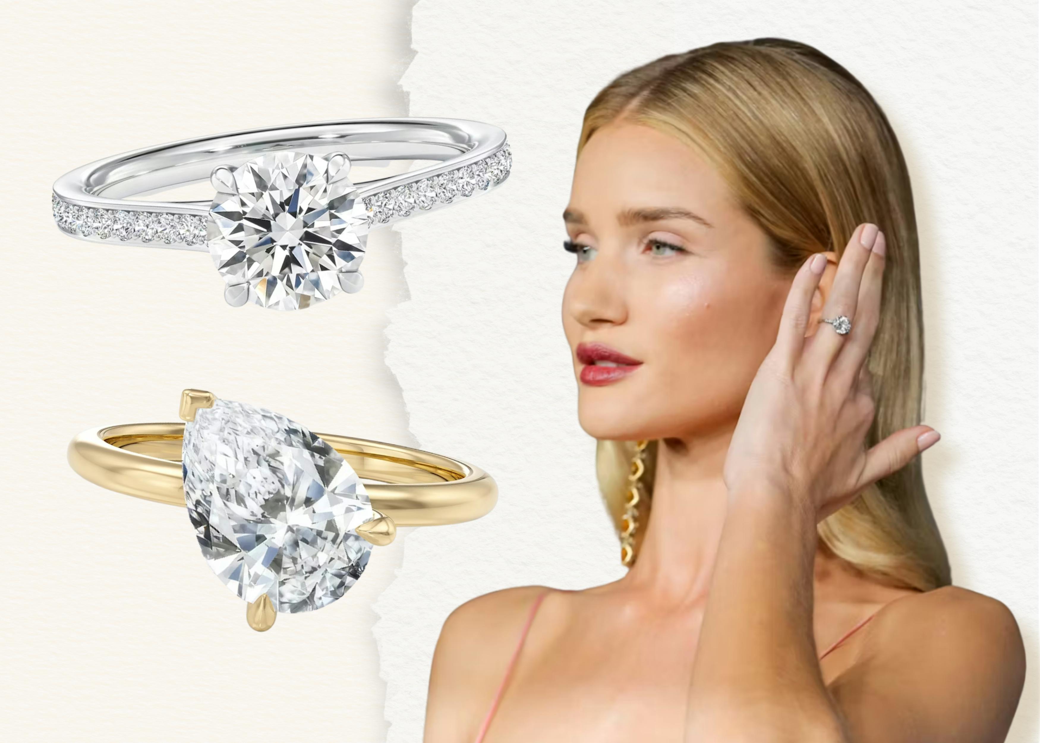 Rosie Huntington-Whiteley’s engagement rings, round cut diamond and pear shaped diamond.