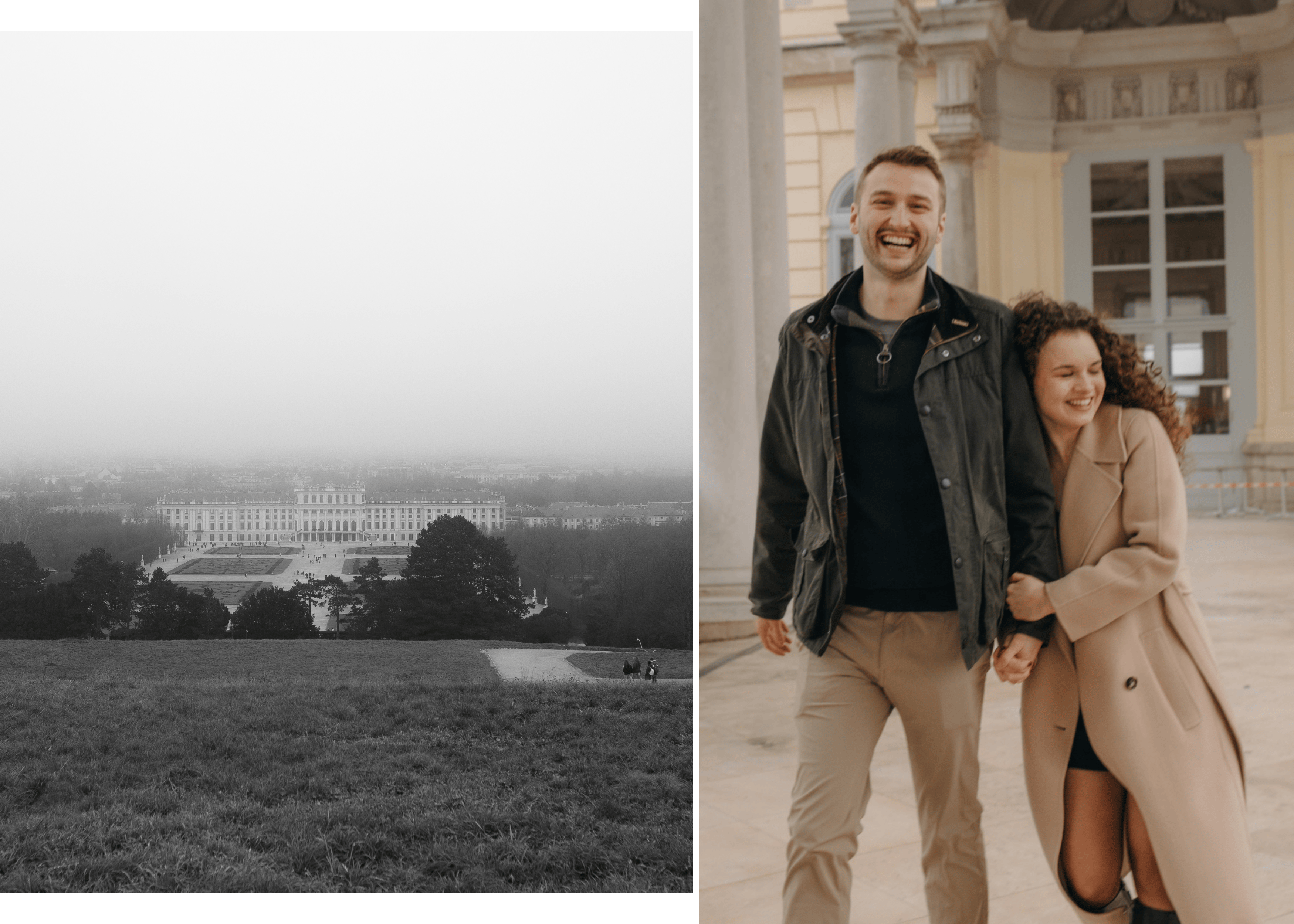 View across Schönbrunn Palace grounds in Vienna on a misty winter morning, the setting of Samuel and Ella’s proposal. Samuel and Ella walking hand in hand through Schönbrunn Palace in Vienna, moments after their engagement.