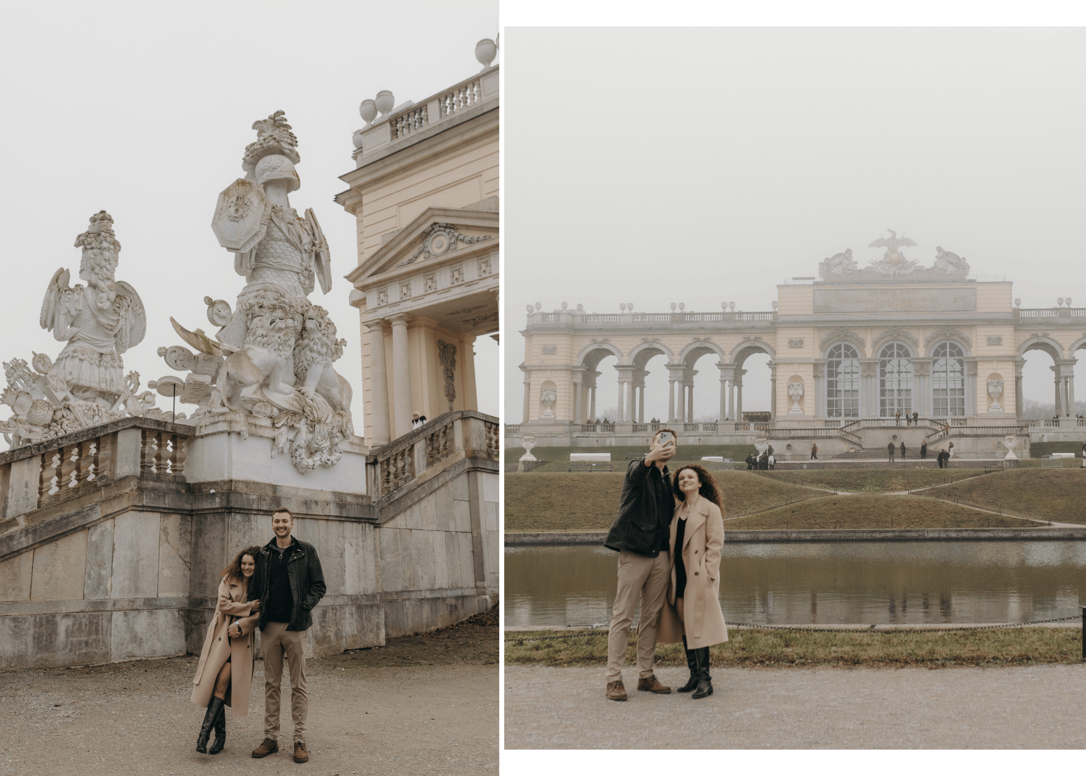 Samuel and Ella standing beside historic statues at Schönbrunn Palace during their Vienna proposal shoot.
