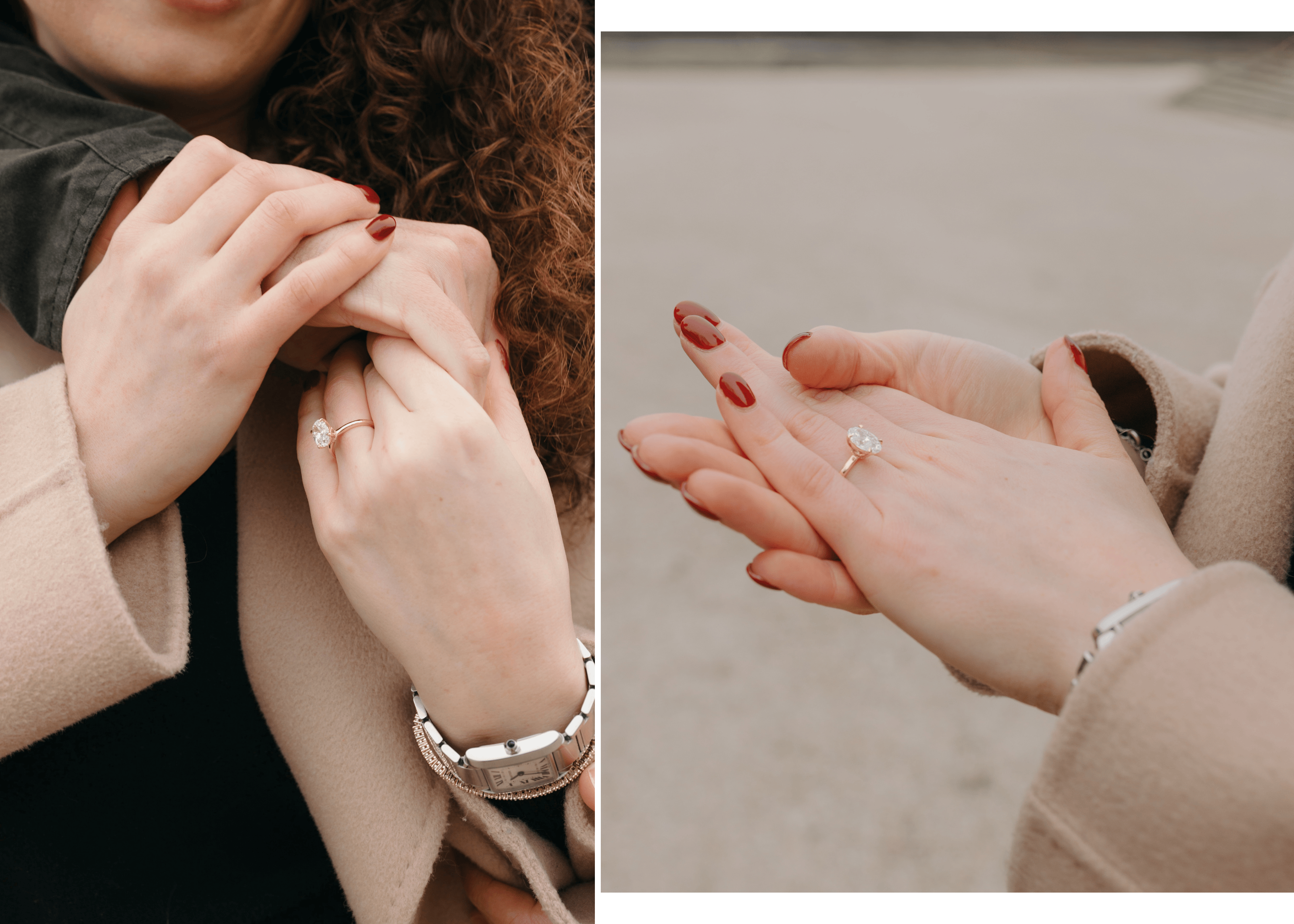 Close-up of Ella’s oval diamond engagement ring in yellow gold, designed with Queensmith, held between the couple’s hands.