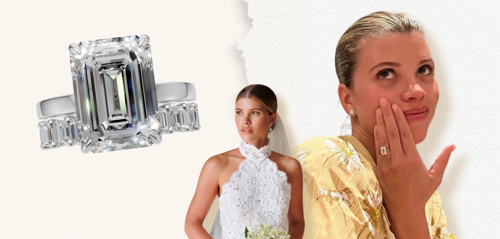 Sofia richie engagement ring with simple platinum band and emerald cut diamond, stacked with asscher cut diamond wedding ring.